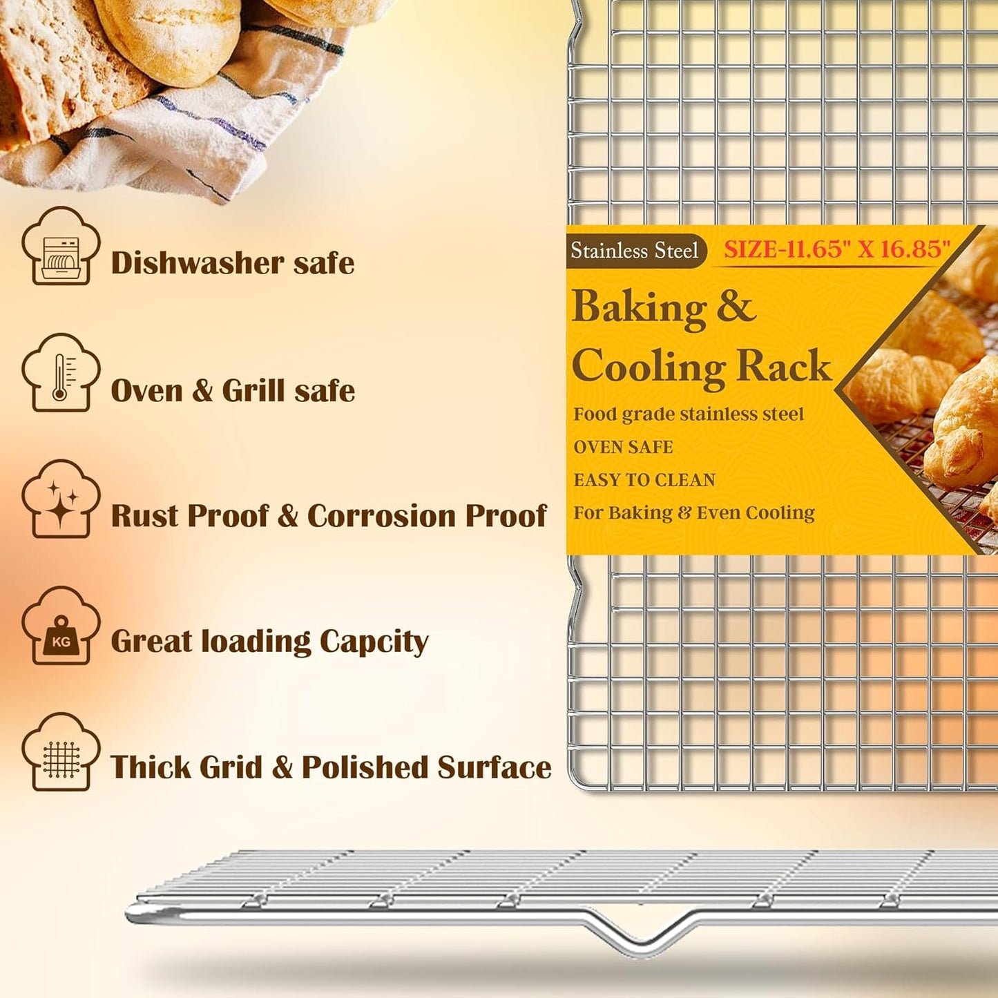 Skiennix Cooling Racks - Heavy Duty Stainless Steel Wire Racks for Baking & Grilling | 11.65''x16.85'' Silver