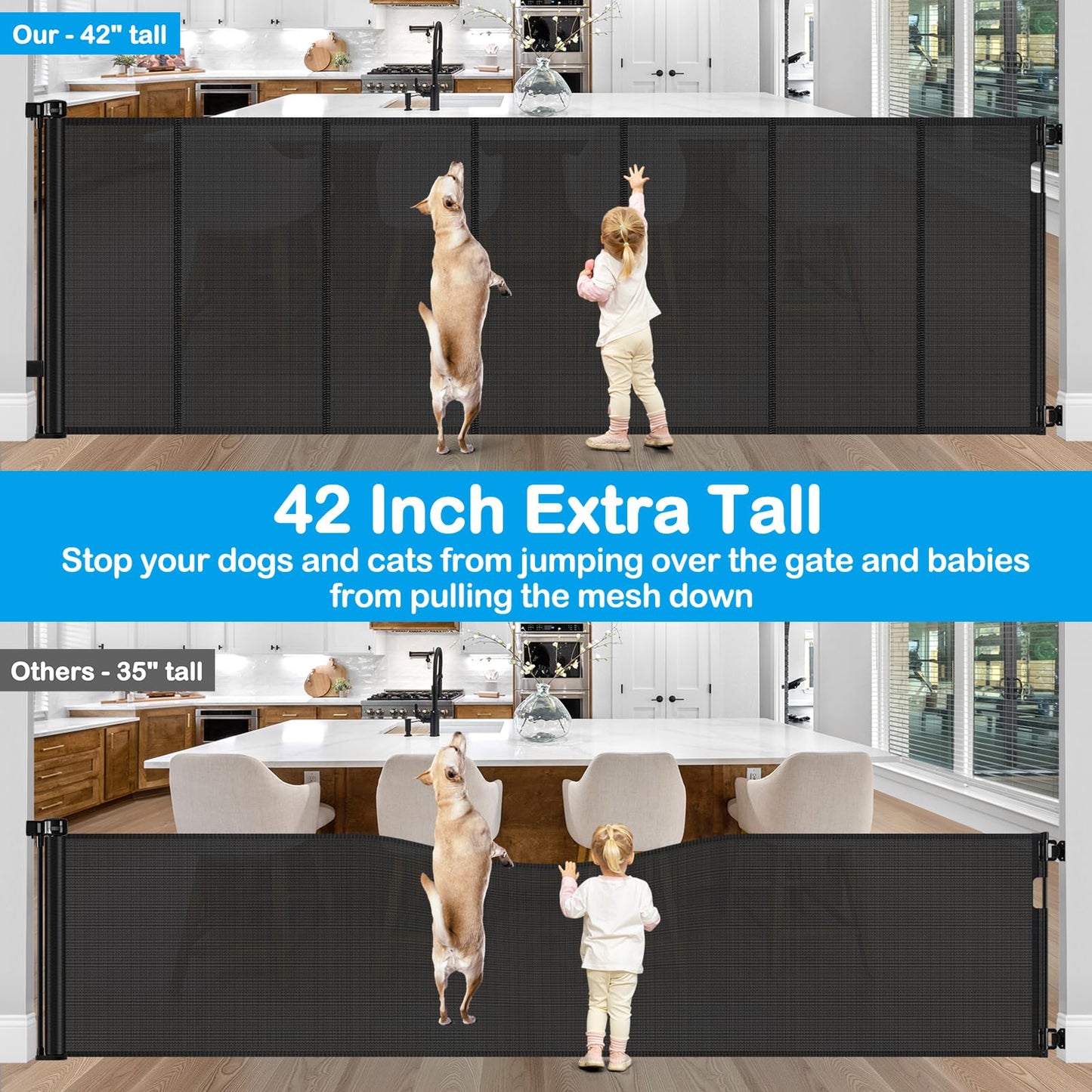 Reinforced 42" Extra Tall Retractable Dog Gate, 200" Extra Wide Baby Gate with Support Rods-Prevent Crawling Through, Outdoor/Indoor Baby Fence/Barrier/Blocker for Home, 16ft Retractable Garage Gate