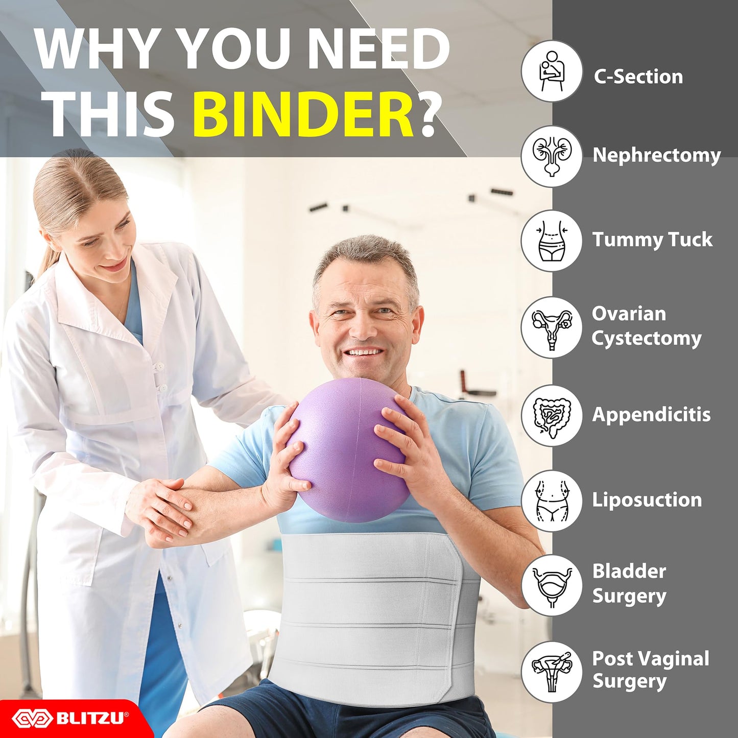 Abdominal Binder for Women & Men Post Surgery Recovery, 12 inch 4 Panel Waist Compression Band, Wrap Support for Bariatric, Belly, Stomach, Postpartum, Hernia, Latex-free. Breathable Fabric S-M