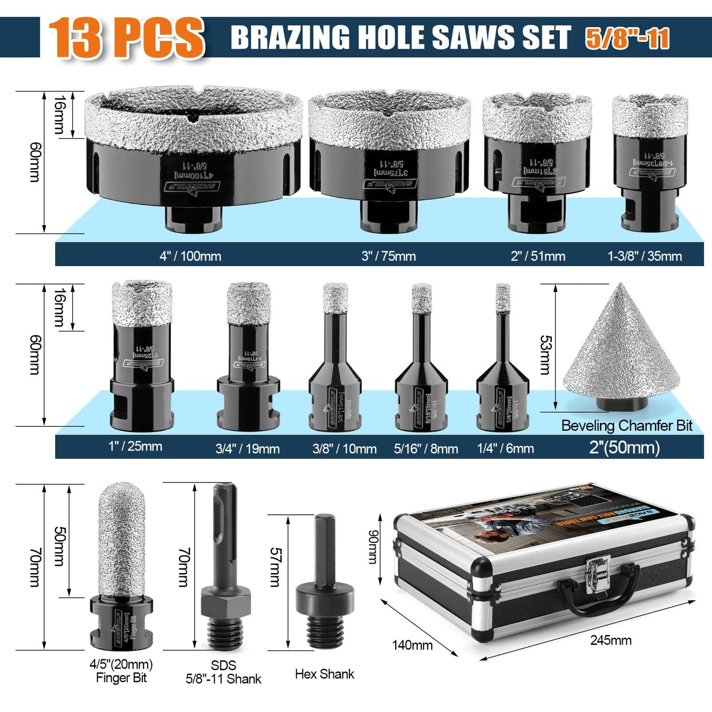 13 PCS Diamond Hole Saw Kit Tile Drill Bits, Diamond Core Drill Bits Set 6/8/10/19/25/35/51/75/100mm+50mm Chamfer Saw +20mm Finger Bit+SDS Adapter Porcelain Hollow Drill Hole Saw for Ceramic, Granite