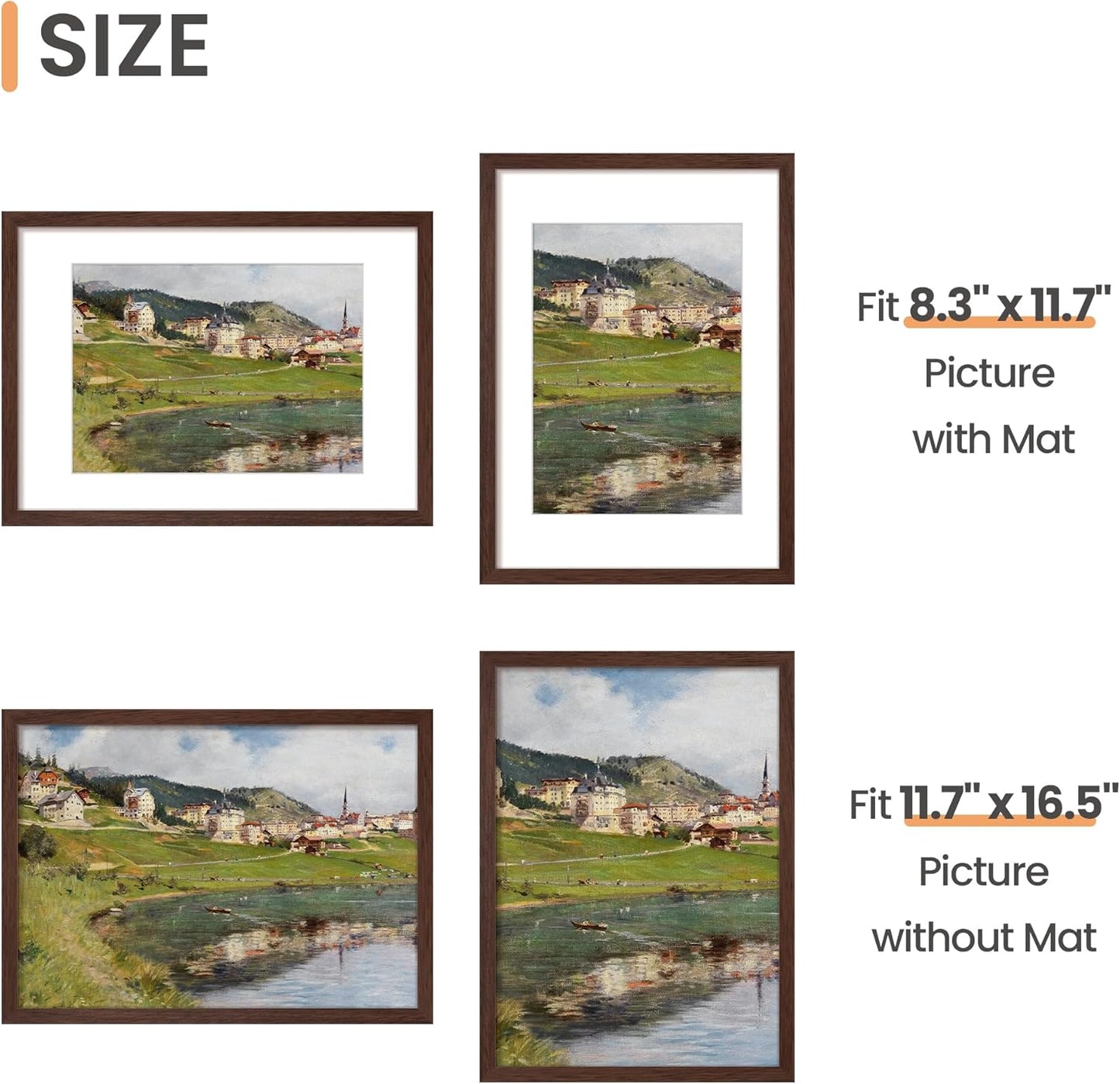 Upsimples A3 Picture Frame - Display 8.3x11.7 Photos with Mat or 11.7x16.5 Without | Brown, 1 Pack