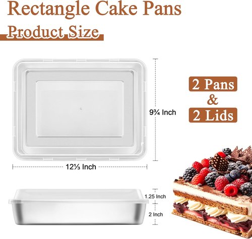 LIANYU Stainless Steel Baking Pan Set - 2 Pack Rectangle Sheet Cake Pans with Lids, 12⅓ x 9¾ x 2 Inch, Non-Toxic & Dishwasher Safe