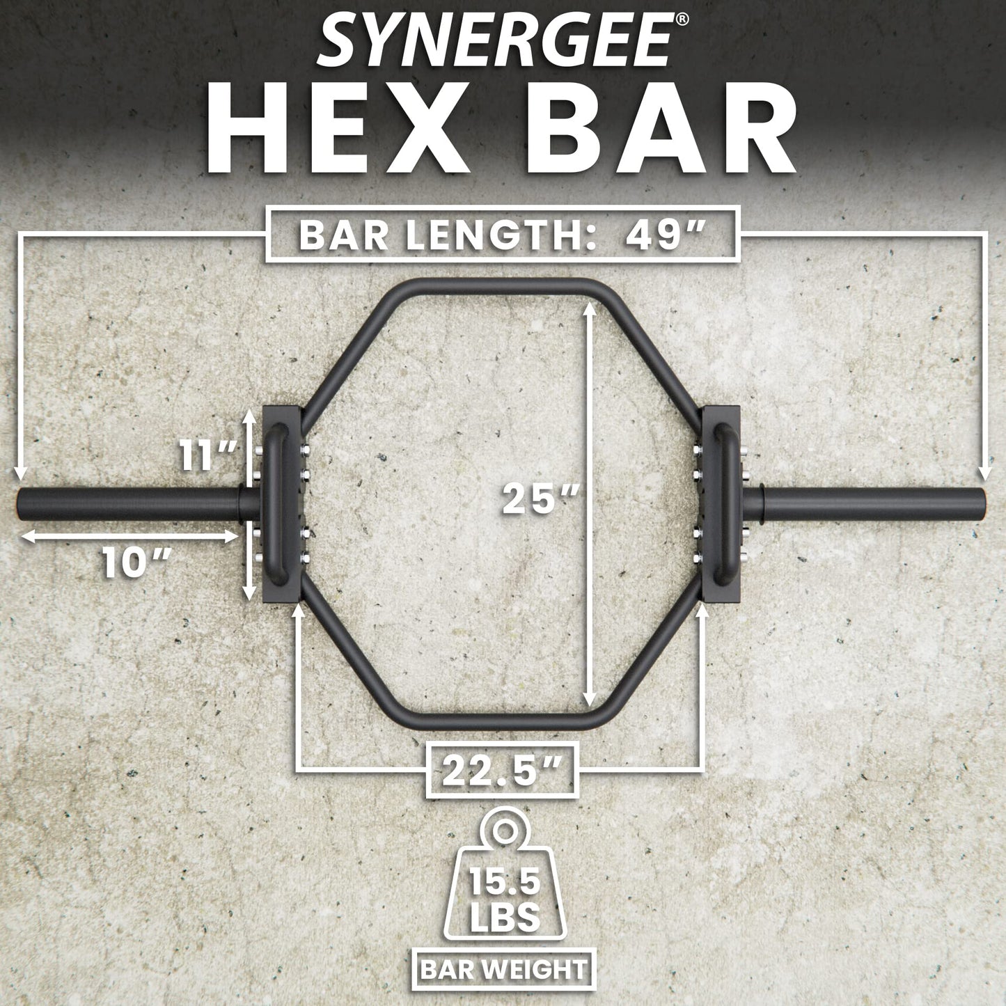 Synergee 7kg Black Olympic Hex Barbell Trap Bar with Standard Height Handles for Squats, Deadlifts, Shrugs and Power Pulls. 49” Long Bar with 10” Sleeve.