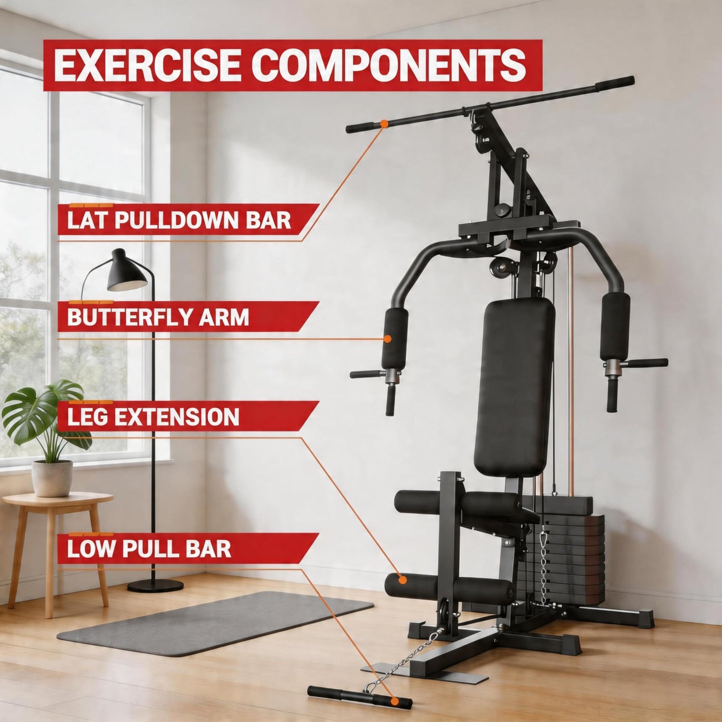 Home Gym Machine with 100LB Weight Stack, Multifunctional Full Body Workout Station for LAT Pulldown, Chest Press, Leg Extension & Strength Training, Compact Fitness Equipment for Home Use