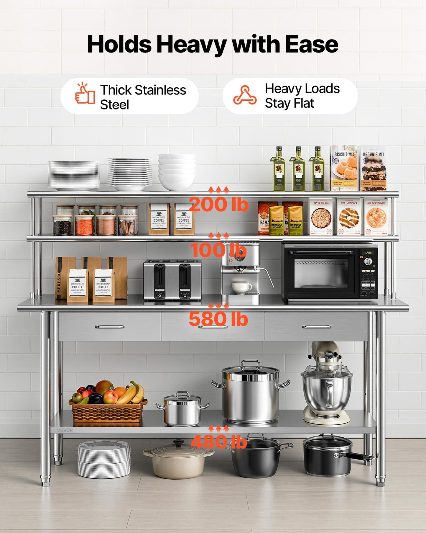 VEVOR Stainless Steel Work Table, 24x72 Inch Food Prep Table with Overshelves and 3 Drawers, Commercial Kitchen Workstation with Adjustable Undershelf, Metal Utility Worktable, for Restaurant Garage