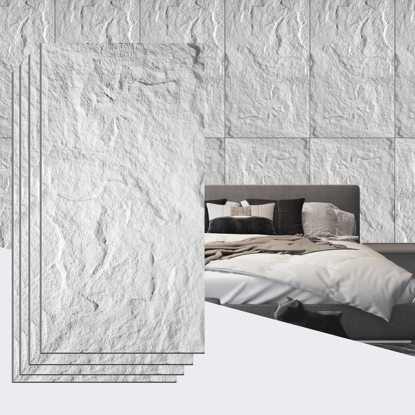 VESLARA 4 PCS Faux Stone Wall Panel 43.3’’ x 23.6’’ PU Wainscoting Panel with Lava Stone Design 3D Wall Panel for Interior Wall Decor Bedroom Living Room Office White