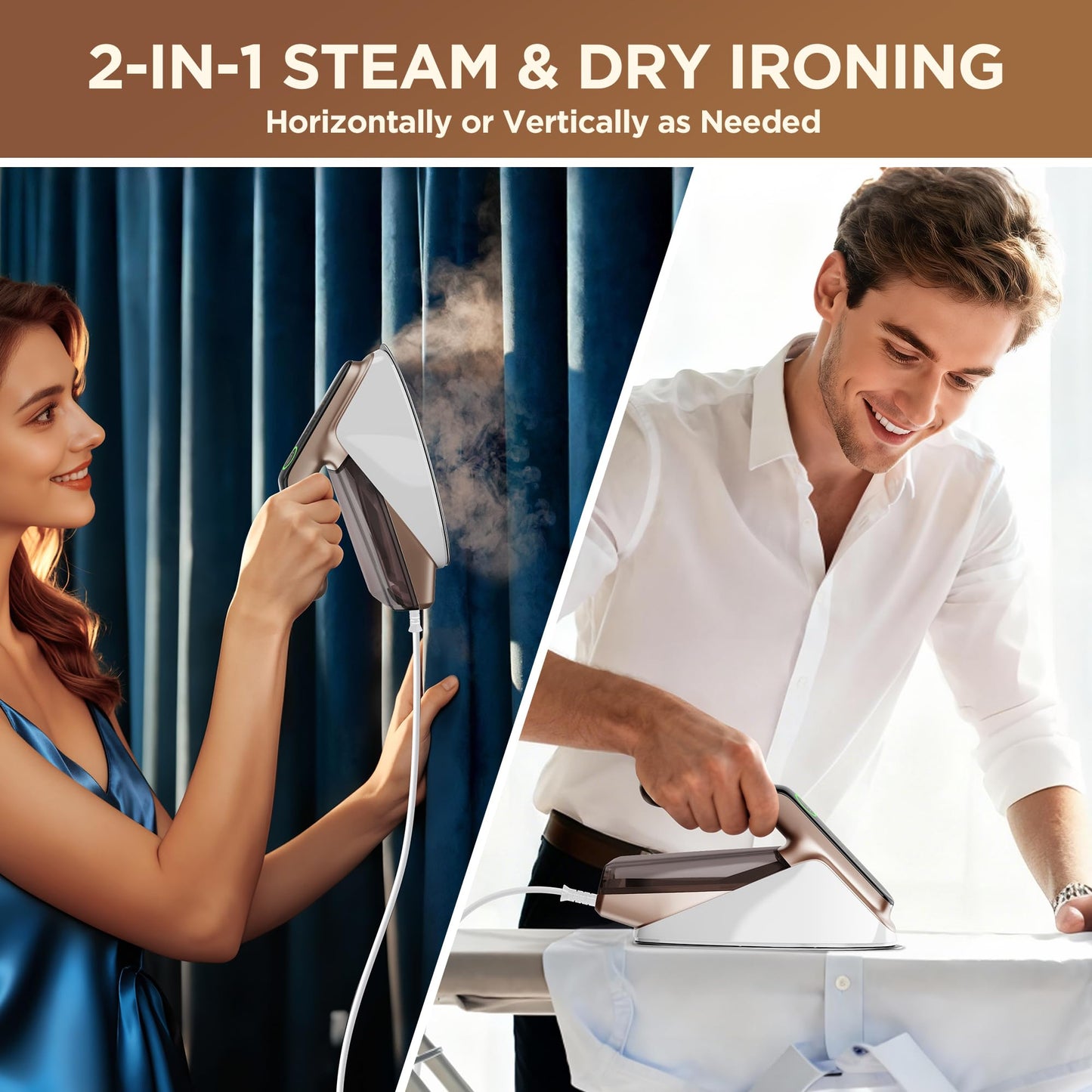 Newbealer Steam Generator Iron, 1500W Turbo Steamer for Clothes, 2 Bar Pressure Clothes Iron, 4 Steam & 4 Dry Heat Modes, Fast Heat-Up, 350ml Detachable Tank, Auto-Off, Self-Cleaning (Gold)
