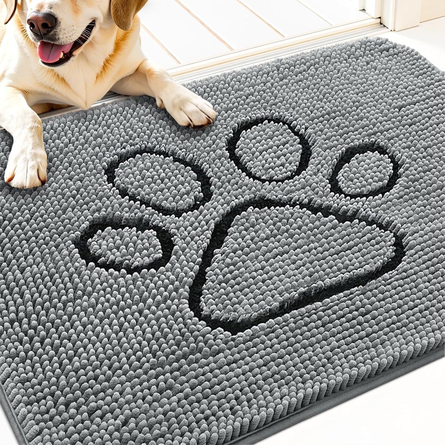 OLANLY Dog Door Mat - Absorbent Non-Slip Mud Mat for Paws | 34x21 Inches, Grey Chenille Design