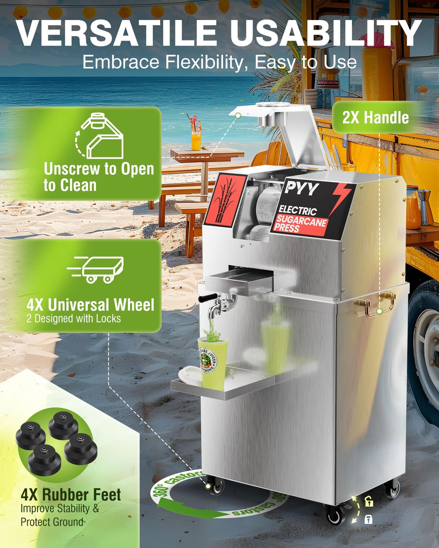 PYY Commercial Sugar Cane Juicer Machine - Electric 3-Roller Sugarcane Juice Press Stainless Steel Extractor, Sugarcane Machine with Cleaning Brush, 2 Peelers,Straws and Cups, 800W 110V 29Inch