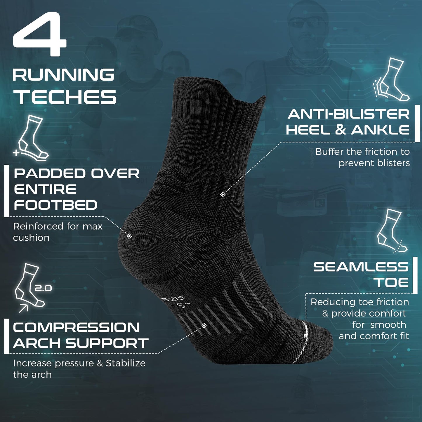 Rahhint CoolMax Quarter Compression Running Socks for Men Women, Wicking Cushion Athletic Hiking Socks 3 Pairs