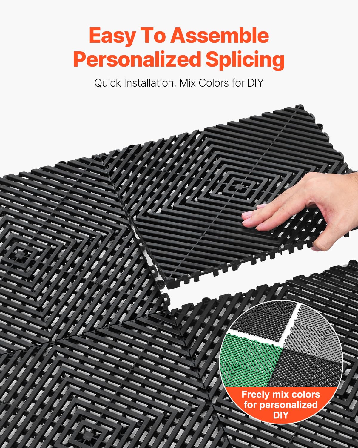 VEVOR Interlocking Drainage Mat, 12” x 12” Modular Interlocking Cushion, 55 Pcs Splicing Drainage Mats, Non-Slip PP Drainage Floor Tile and Shower Mat, for Garage, Garden, Kitchen & Outdoor, Black