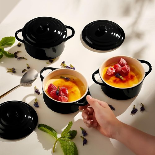 Kook Ceramic Mini Cocotte Set - 12 oz Individual Baking Ramekins | Oven Safe, Microwave & Dishwasher Safe, Black - Set of 4