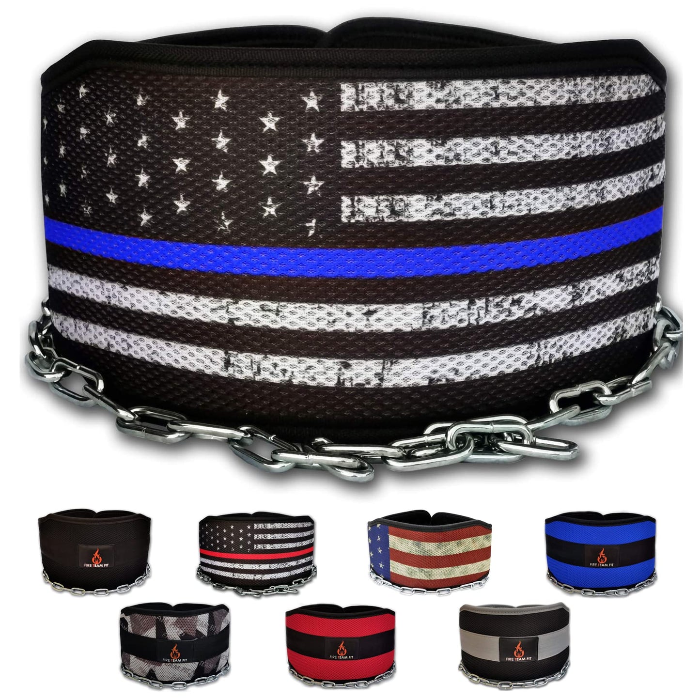 Fire Team Fit Weight Belt with Chain, Dip Belt for Weighted Pull Ups and Dips Blueline, Small (for Waist 40 Inches or Less)