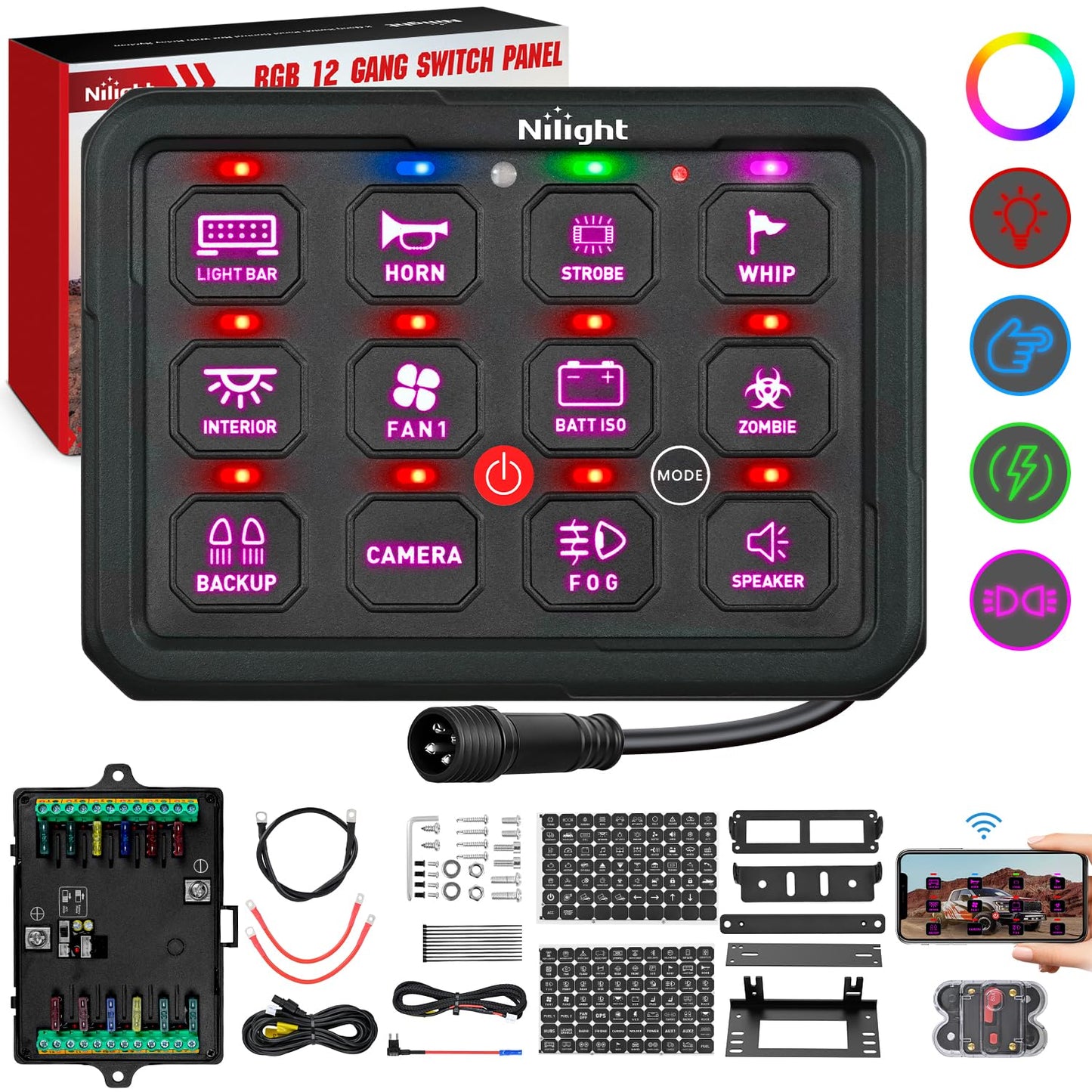 Nilight 12 Gang Switch Panel Circuit Control Relay System APP RGB Backlight Fuse Wiring Harness Toggle Momentary Strobe Flash Modes Automatic Dimmable 12V 24V for Car Truck Camper SUV