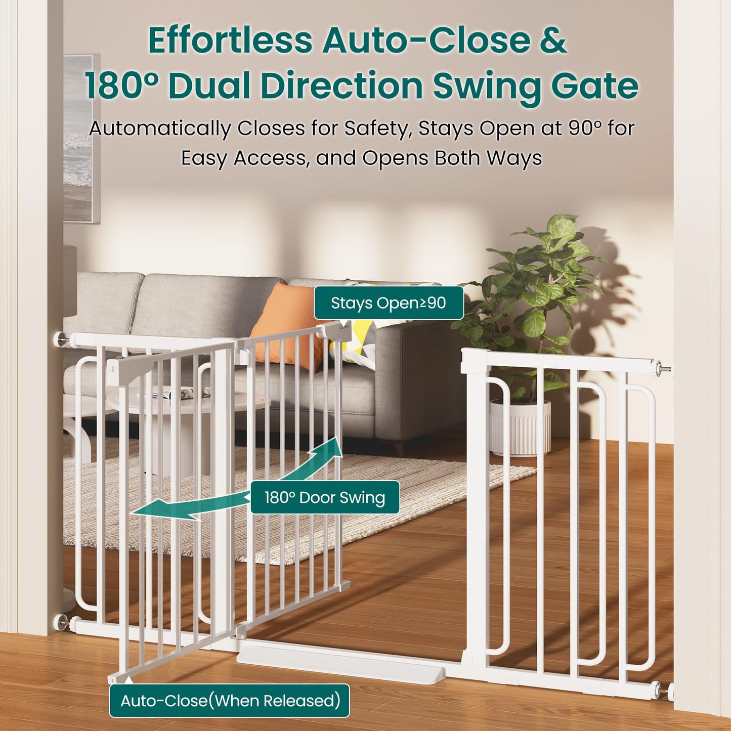 Cumbor 30.4-56.8" Extra Wide Baby Gate for Stairs, Dual Lock & Self-Closing Dog Gate Indoor, Easy Install Pet Gate for Doorways & Wide Openings, Easy Walk Thru Safety Proofing for Babies & Pets, White
