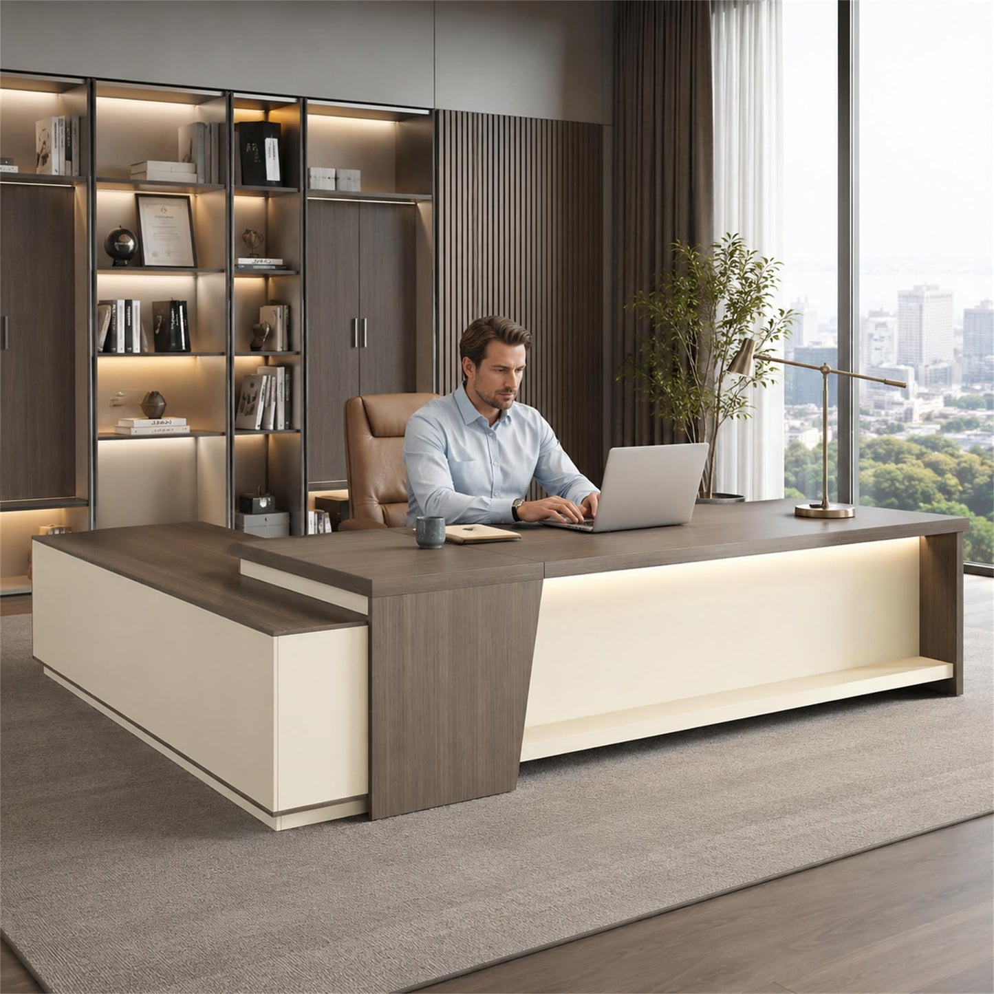 ZIMASYA 79 Inch L Shaped Executive Office Desk with Storage Cabinet, Right Return Desk with 2 AC Outlets and 2 USB Ports, Lockable Drawer, Cable Management Box, Smoked Gray and Off White