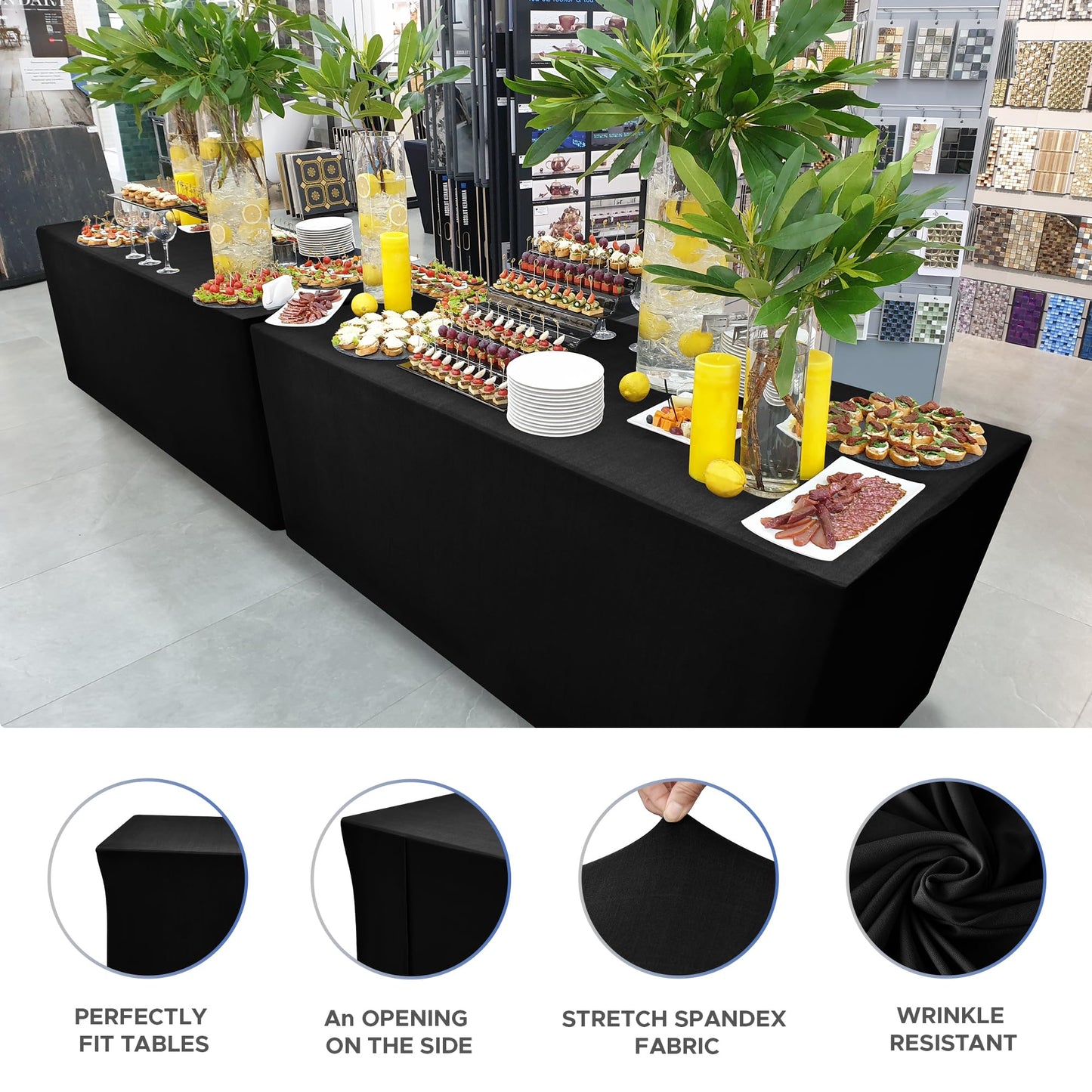Nasitos Black Fitted Table Covers for 8 Foot Tables - 96 x 30 Inch - 4 Pack Stretch Spandex Rectangle Table Clothes, Fabric Tablecloths for Folding Table, Parties, Trade Show, Birthday