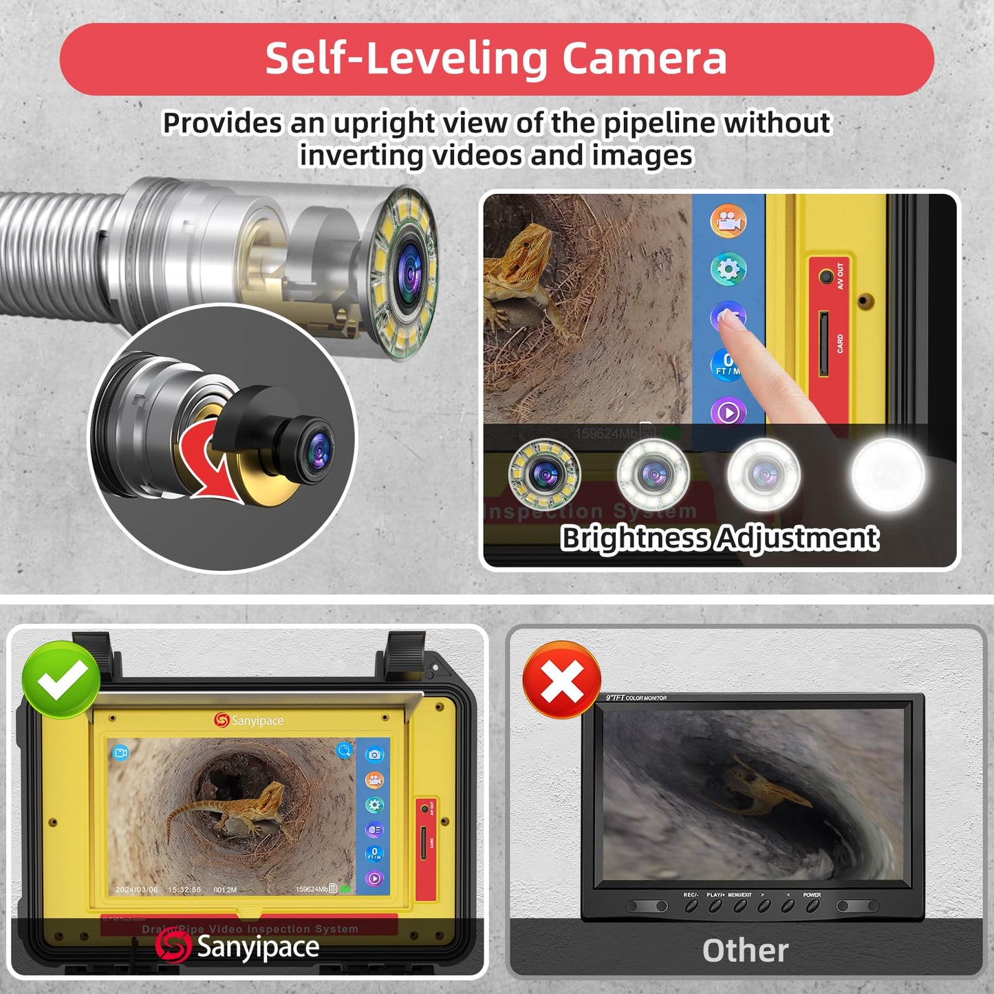 Sanyipace 7MM Sewer Camera, 512Hz Sonde Drain Camera, Self-Leveling Pipe Camera for Plumber, 10.1" Touch Screen, 165FT/50M Borescope Inspection Camera, Distance Counter, Waterproof Plumbing Camera