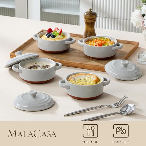 MALACASA Mini Cocotte Set - 12 OZ Ceramic Ramekins with Lids & Handles | Set of 4, Khaki Grey, Oven Safe