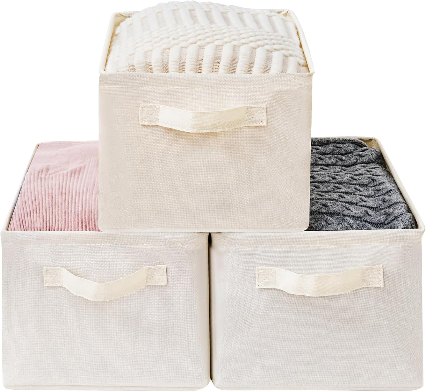 Storage Basket Bins - Large Collapsible Fabric Organizers with Metal Frame | 3-Pack Beige for Home & Office