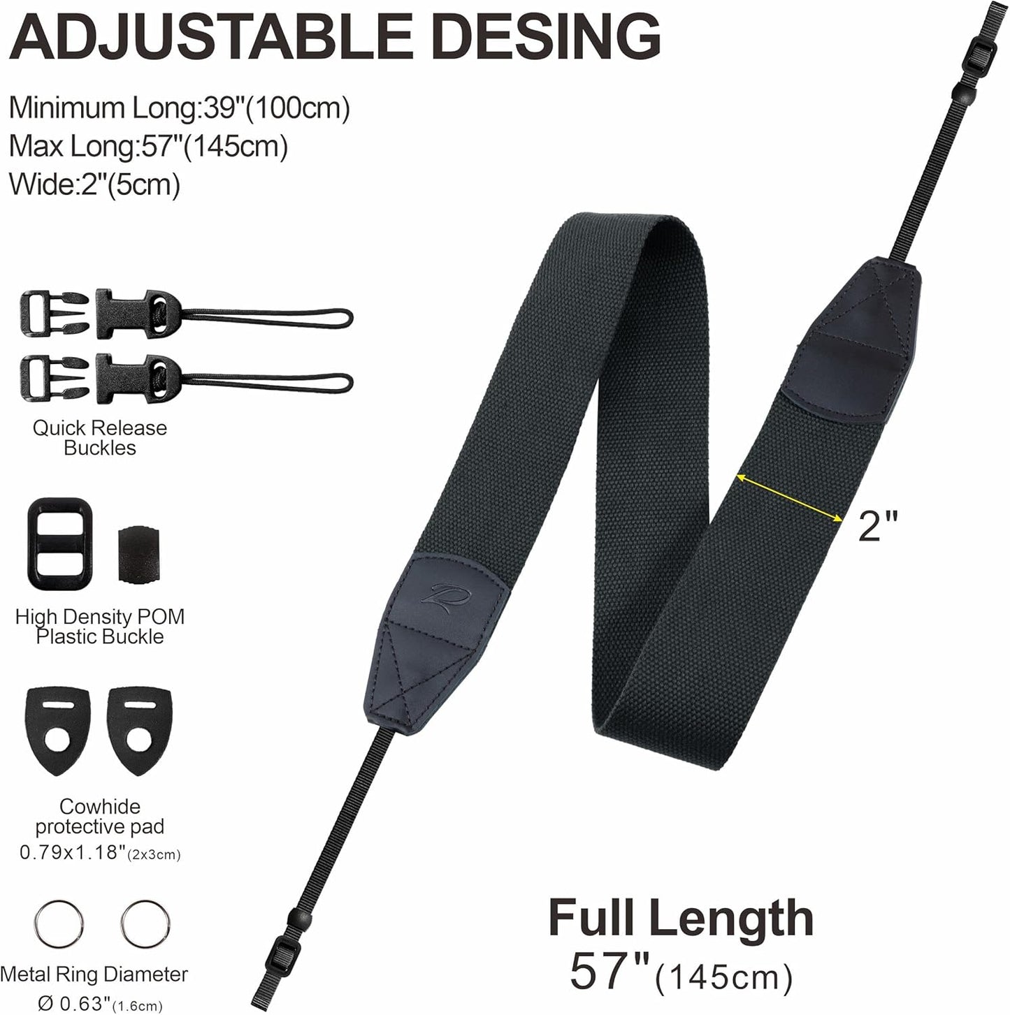 2" 2 Padwa Lifestyle Black Camera Strap - Wide Cotton Woven Genuine Leather Head Camera Straps,Complimentary Pcs Quick