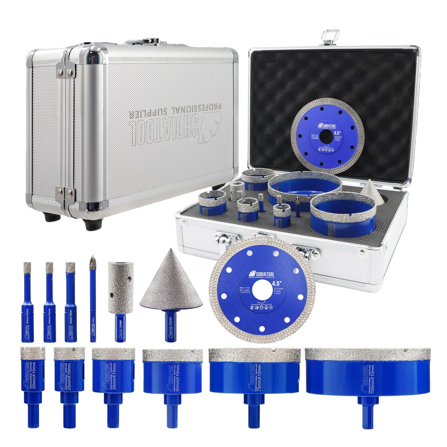 SHDIATOOL Diamond Tile Drill Bits Kit 13pcs, Porcelain Hole Saw Sets, Core Bits Cutter for Drilling Ceramic Marble Granite (6/6/8/20/25/35/50/75/100/20MM/2/6MM/4.5“)