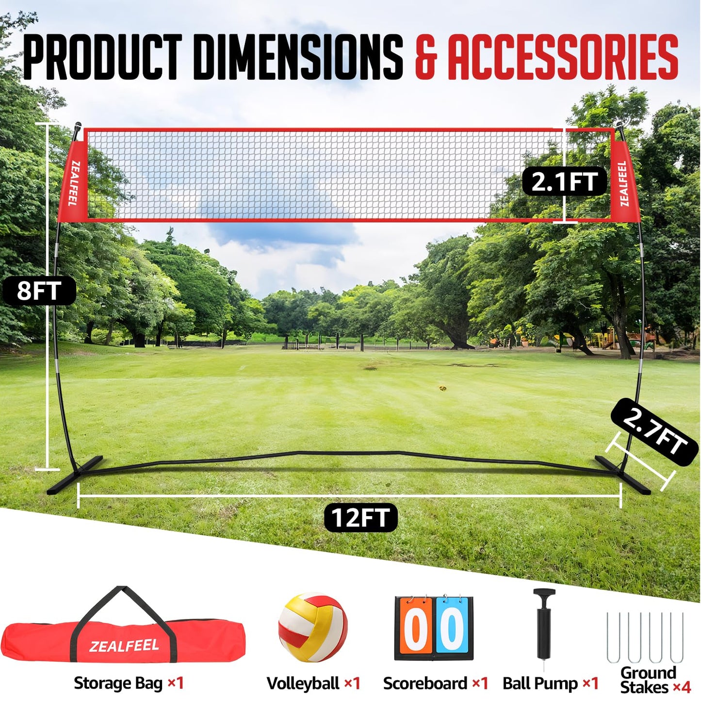 ZEALFEEL Volleyball Net, 12FT Volleyball Training Net Height Adjustable, Portable Freestanding Practice Net for Hitting or Serving Drills, Pop up Volley Ball Nets with Carry Bag for Backyard Outdoor