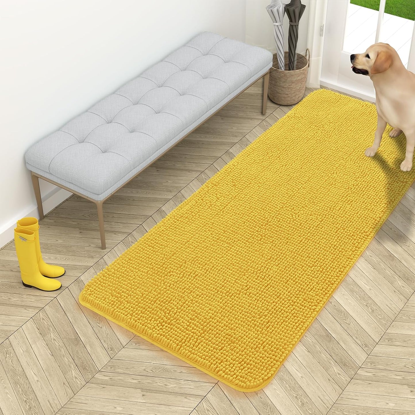 OLANLY Dog Door Mat - Absorbent Non-Slip Chenille Mat for Muddy Paws | 54x24 Inches, Quick Dry, Yellow