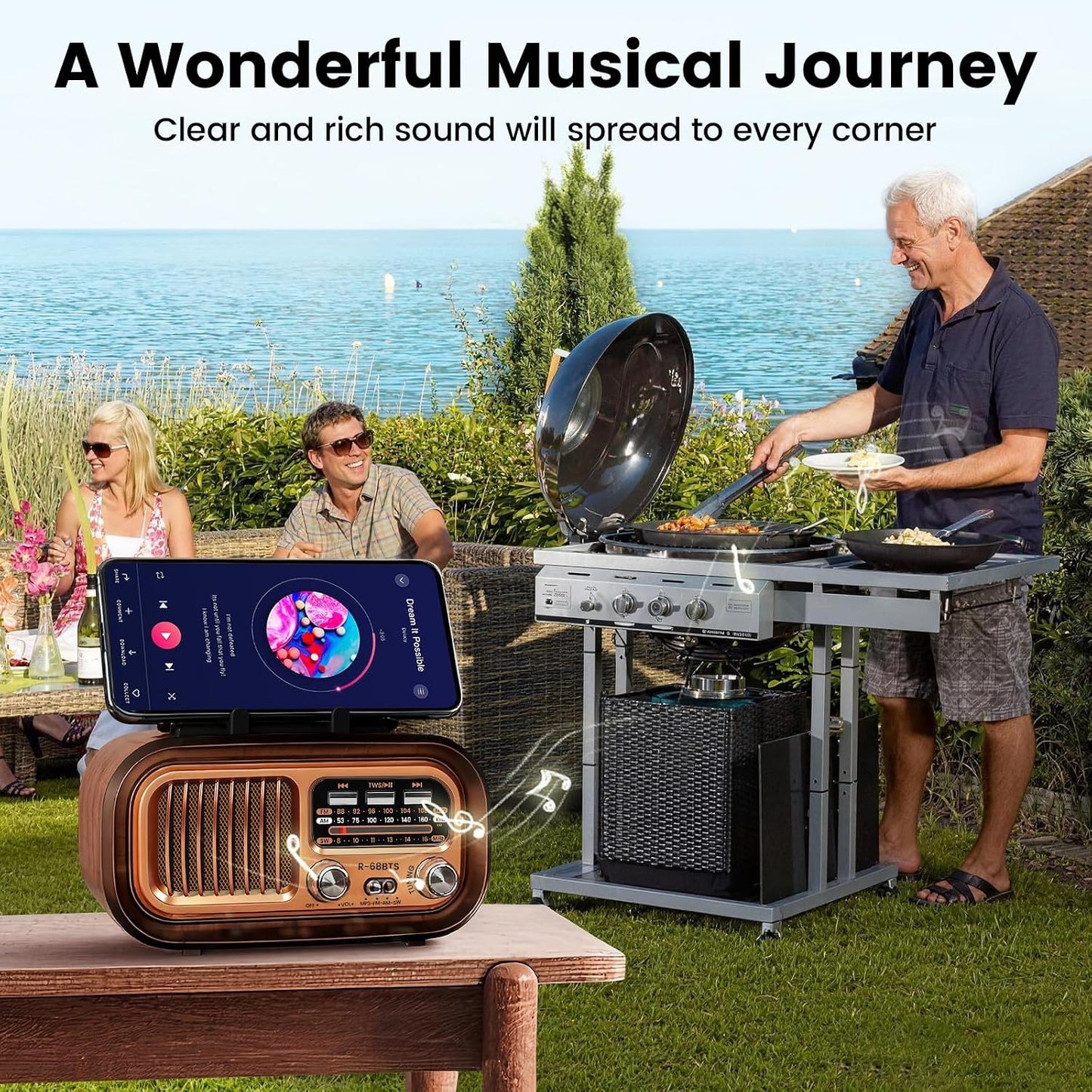 Bingxue MP3 Vintage Portable Radio with Bluetooth & TWS, AM/FM/SW Reception, Solar/D Battery/USB Charging, Player, TF