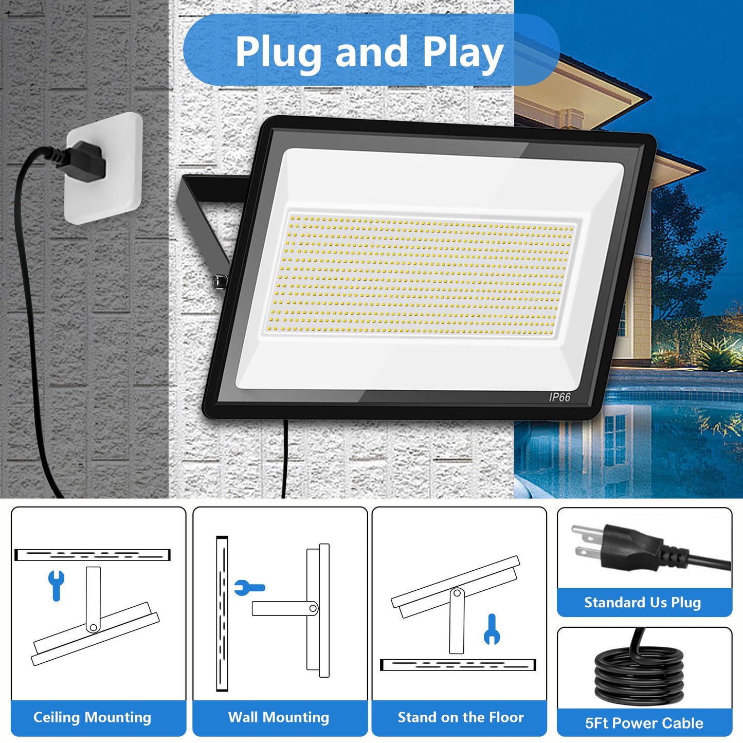 Gopretty 500W Warm White LED Flood Lights Outdoor 2 Pack, 55000LM Super Bright Security Lights with Plug, Commercial Arena Lighting for Yard Court Stadium Fields