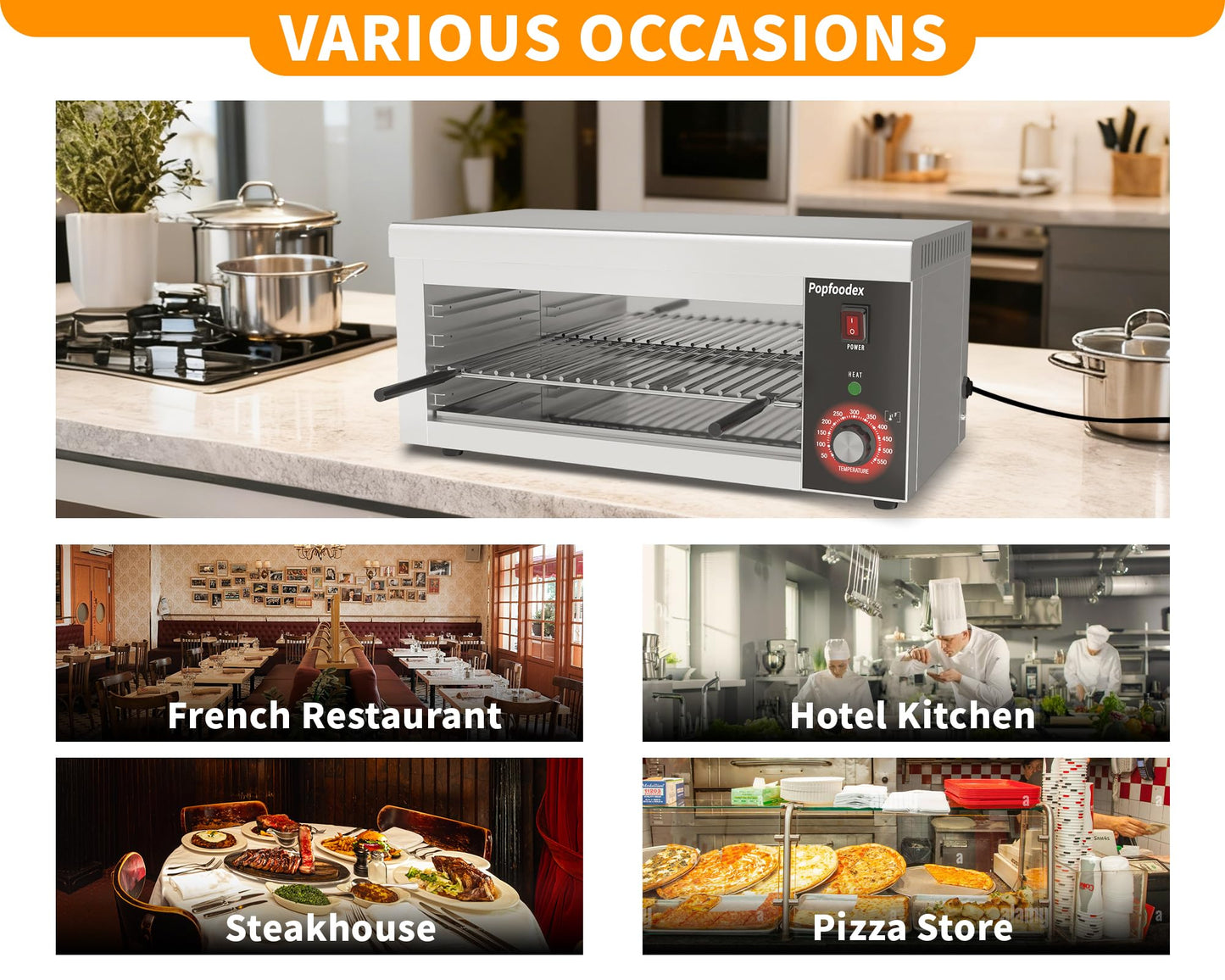 Popfoodex Salamander Broiler, 1500W Electric Cheese Melter w/ 550°F Heating and Stainless Steal Body, Commercial Broiler w/Removable Crumb Tray, Salamander Grill For Pizza, Grill Steaks, Sandwiches