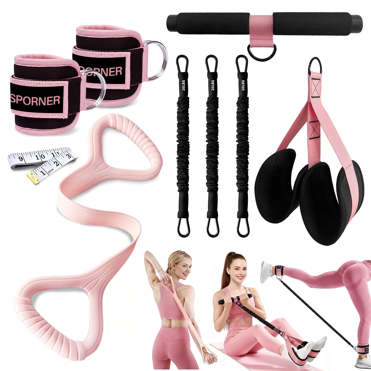 HIMSPORNER Adjustable Pedal Resistance Band with Handle, Ankle Resistance Bands with Cuffs, Figure 8 Resistance Band, Exercise Equipment for Waist, Arm, Core/ABS, Leg, Physical Therapy, Yoga, Pilates