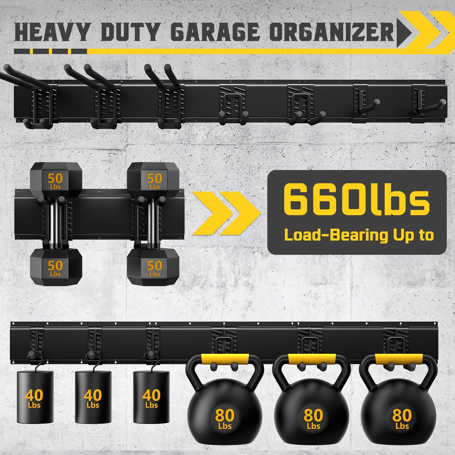 YZSFMZGE 48" Garage Tool Organizer Wall Mount, 660lbs Heavy Duty Steel Garden Tool Storage Rack with 9 Adjustable Hooks for Yard, Shed, Garage (3 Racks, 9 Hooks, 2 Straps)
