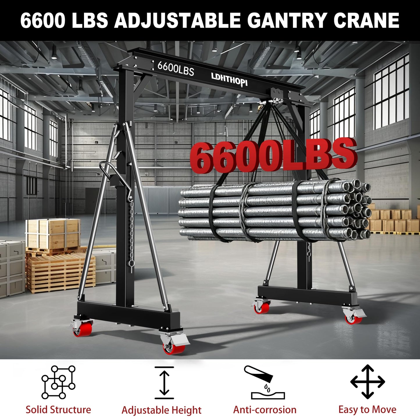 LDHTHOPI 3 Ton Gantry Crane, 6600LBS Adjustable Gantry Crane with 8.53-12.47ft Height, Shop Lift Hoist with Manual Trolley, Hook & Shackles for Warehouse, Factory,Auto Repair & Construction,Black