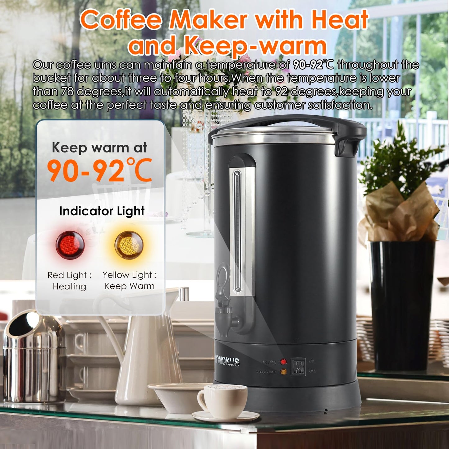 HOMOKUS Commercial Coffee Urn,120 Cup Commercial Coffee Maker,18L Double Wall Stainless Steel Large Hot Coffee Dispenser Hot Water Urn,1500W Quick Brew Electric Coffee Percolator (Dark Grey)