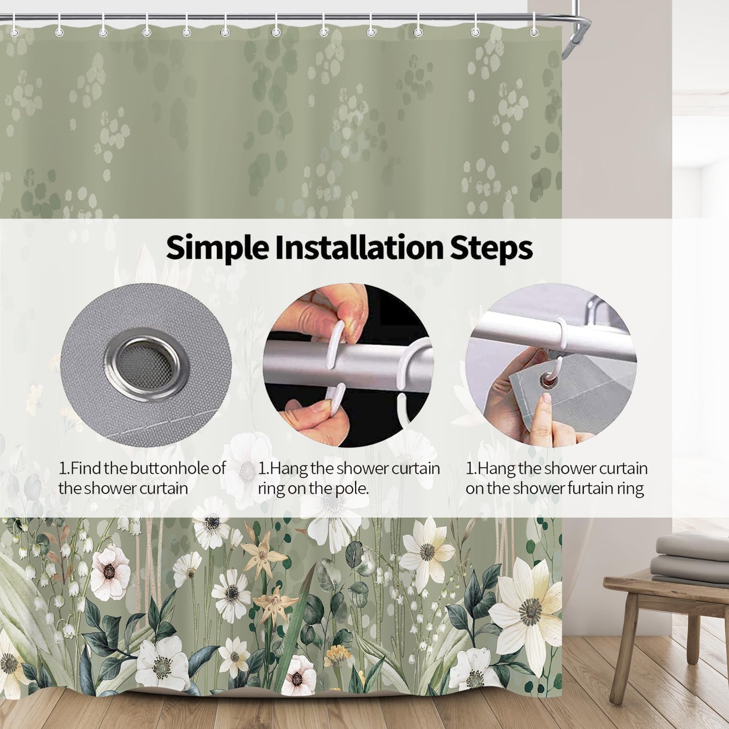 oolygoo Green Boho Floral Shower Curtain 60"X72" Flower Shower Curtain Set for Bathroom Plant Botanical Leaves Chic Pretty Waterproof Bathtub Curtain Decor Wildflower Bathroom Curtain with 12 Hooks