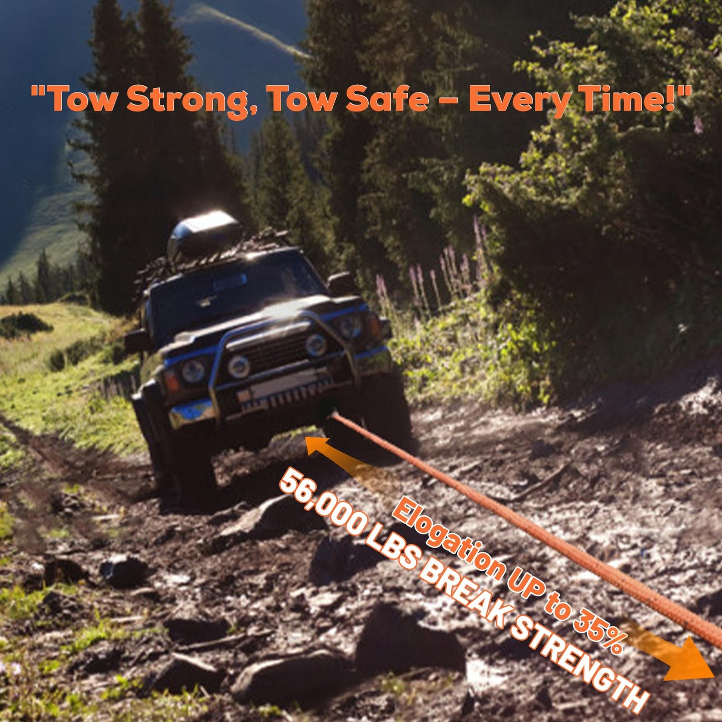 YUNPEAK 1.26" x 30ft Heavy-Duty Kinetic Recovery Rope – 56,000lbs Break Strength – Includes 2 Ultra-Strong UHMWPE Soft Shackles – Ideal for Trucks, SUVs, Jeeps, UTVs, ATVs & Tractors (Orange)