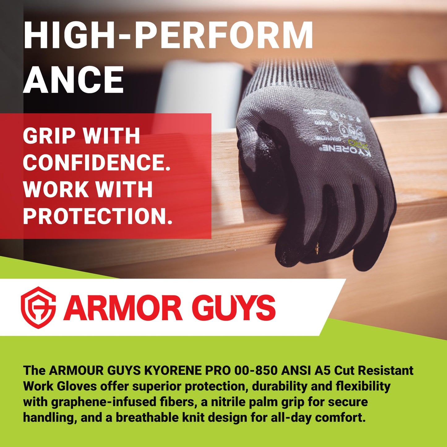 Armor Guys Kyorene Pro 00-850 A5 Cut Resistant Work Gloves - Graphene, Nitrile Grip, Breathable for Sheet Metal Handling - XL, 12 Pairs