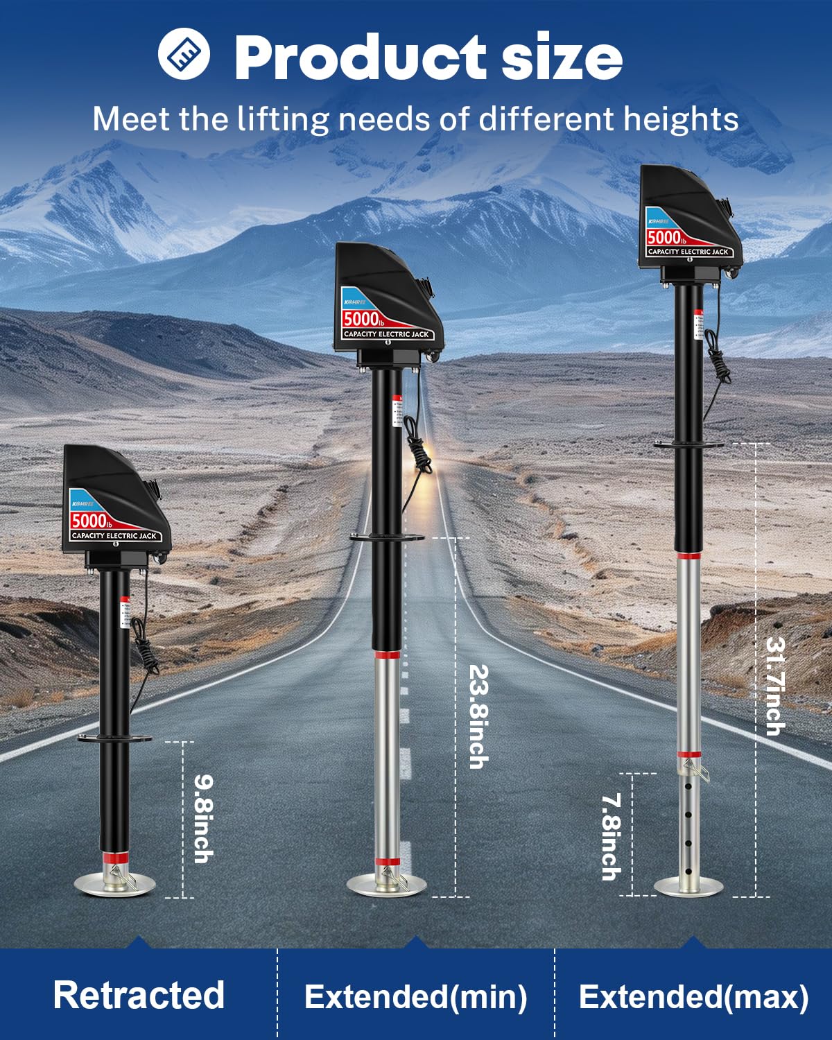 Kohree Electric Trailer Jack 5000lbs, Heavy Duty A-Frame Electric Power Tongue Jack with Waterproof Cover & LED Light for Travel Trailers, Camper, RV, 12V DC with Wiring, 9.8"-31.7" Lift
