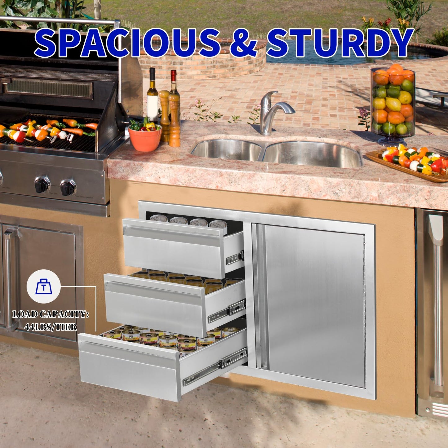 Outdoor Kitchen Door Drawer Combo Cabinet, Triple Drawers & BBQ Access Combo, Stainless Steel with Handles Cabinet for Outdoor Kitchen Island 38.1W x 22.6H x 20.8D (Right Door and Drawer Combo)