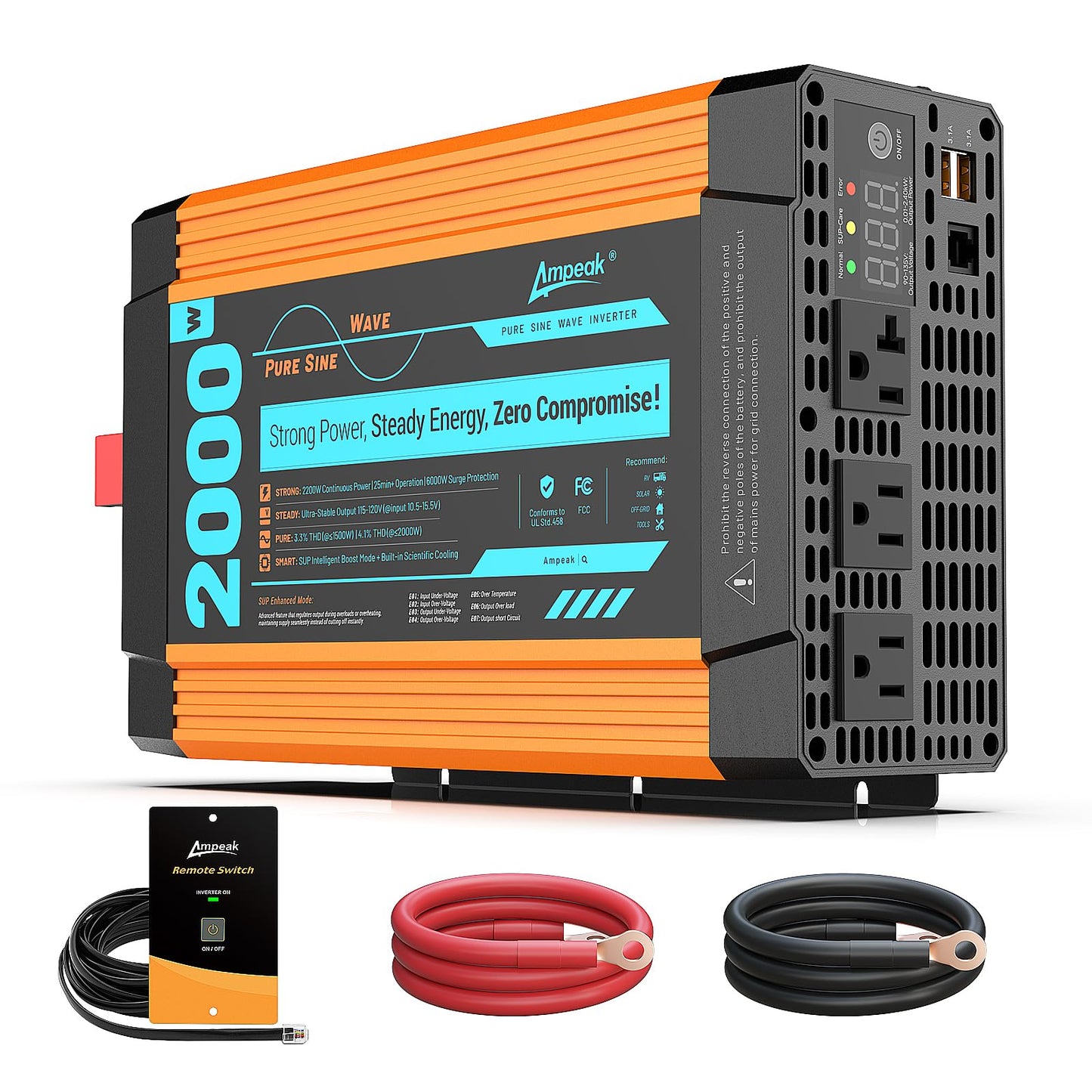 Ampeak Pure Sine Wave Inverter [2000 Watt] - 6000W Surge, 12v DC to 110V AC Converter Power Inverter for RV, Truck, Home, Solar, Outdoor with Dual AC & 20A Outlets, Hardwire Port, 5V 3.1A USB & Remote