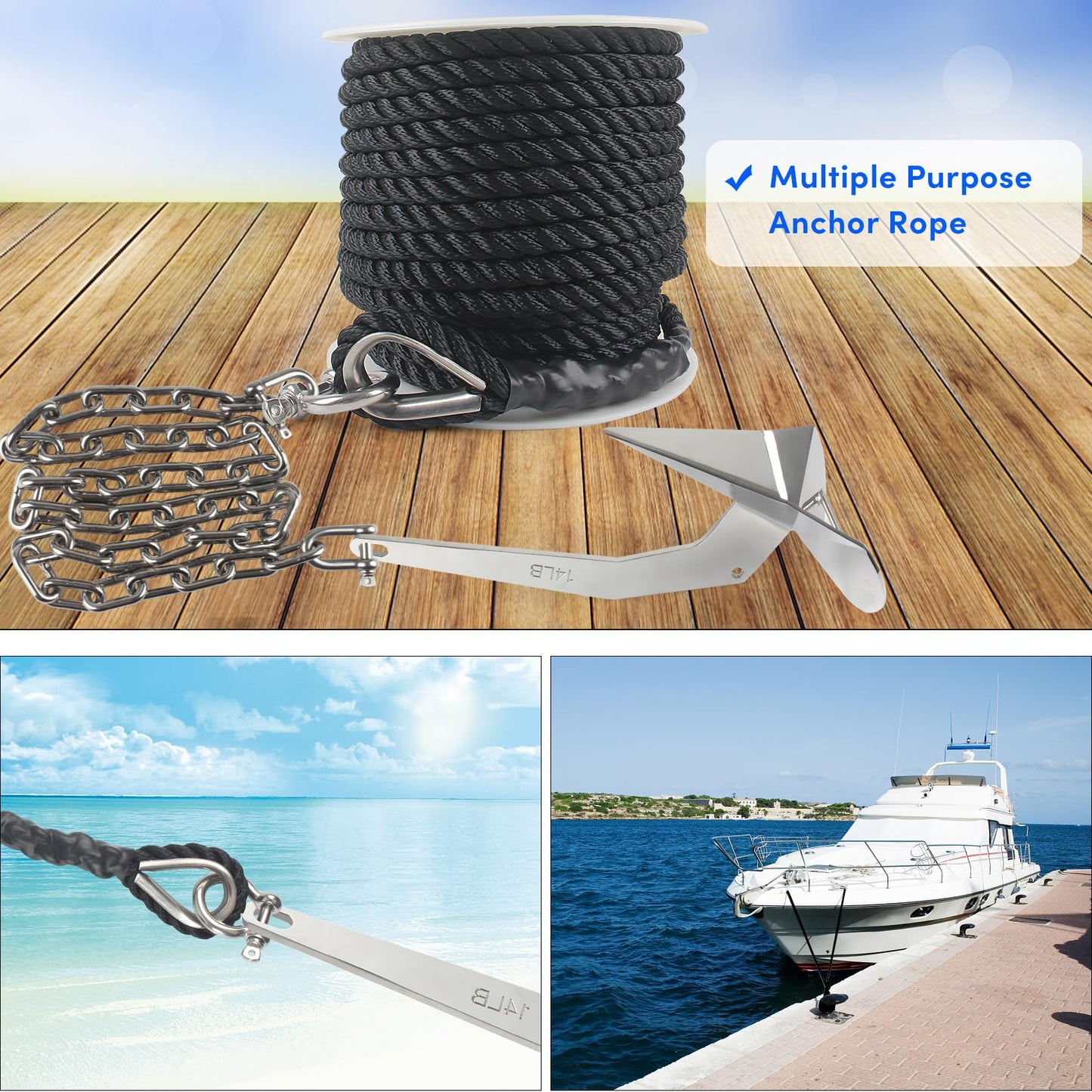 VEITHI Anchor Rope 50 ft x 1/2 inch Black, 3 Strand Anchor Line Boat Rope with Stainless Steel Thimble & Shackle Ideal for Towing,Docking,Boats,Mooring,Anchoring,for Boats Up to 35'