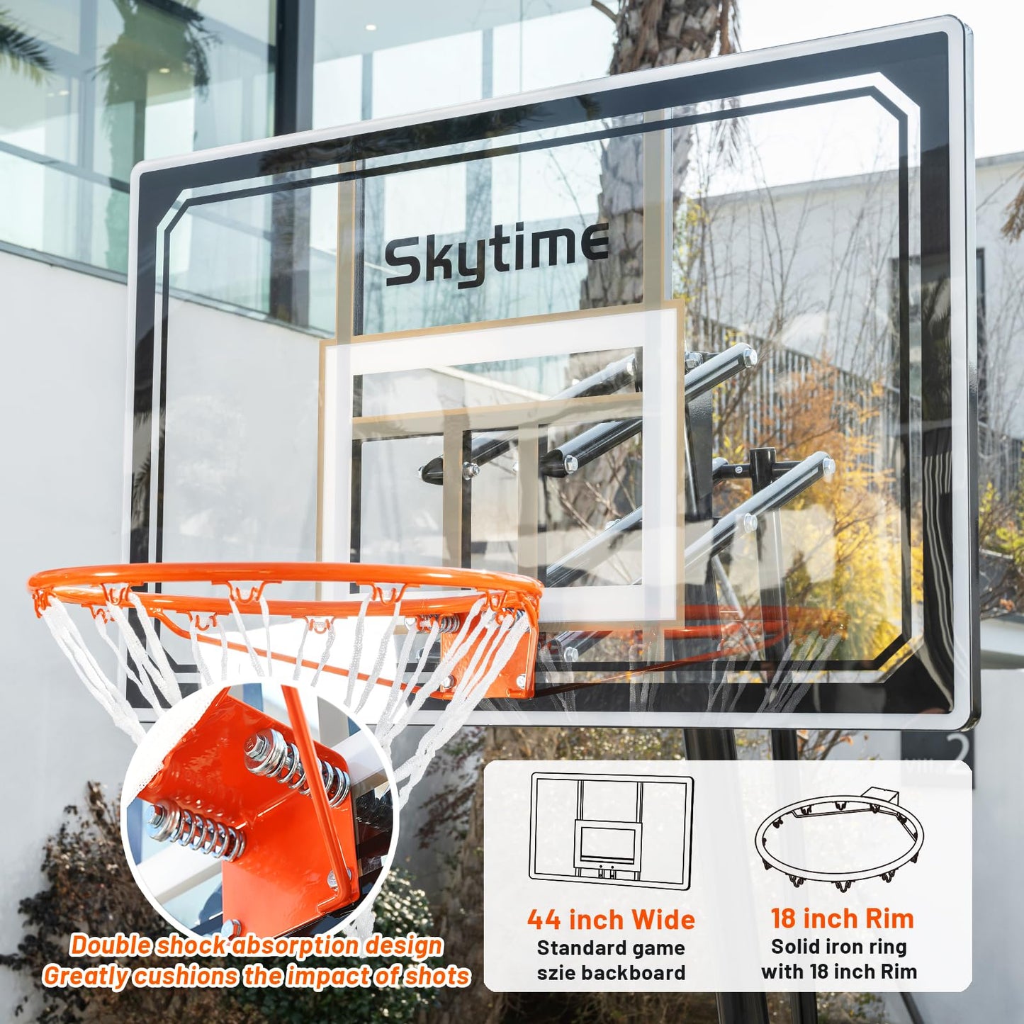 Skytime Basketball Hoop,Portable Basketball Hoop Outdoor with Shatterproof 44in PC Backboard,5.3-10ft Height Stepless Regulation Basketball Goal System with Rebound Plate，Black
