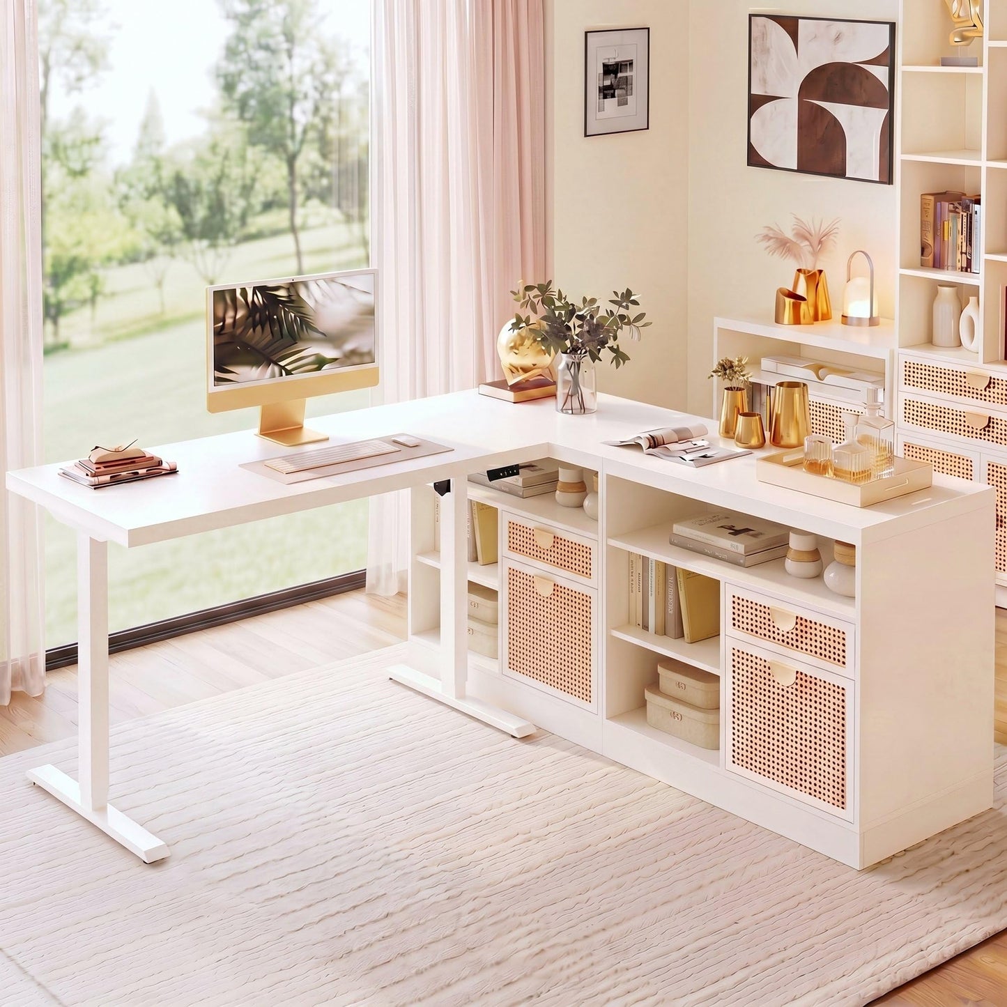 ModernMate 67" L Shaped Electric Standing Desk with 4 Drawers, Corner Executive Workstation with 2 File Cabinets, Height Adjustable with AC/USB for Home Office, 1.18" One-Piece Desktop, White Rattan