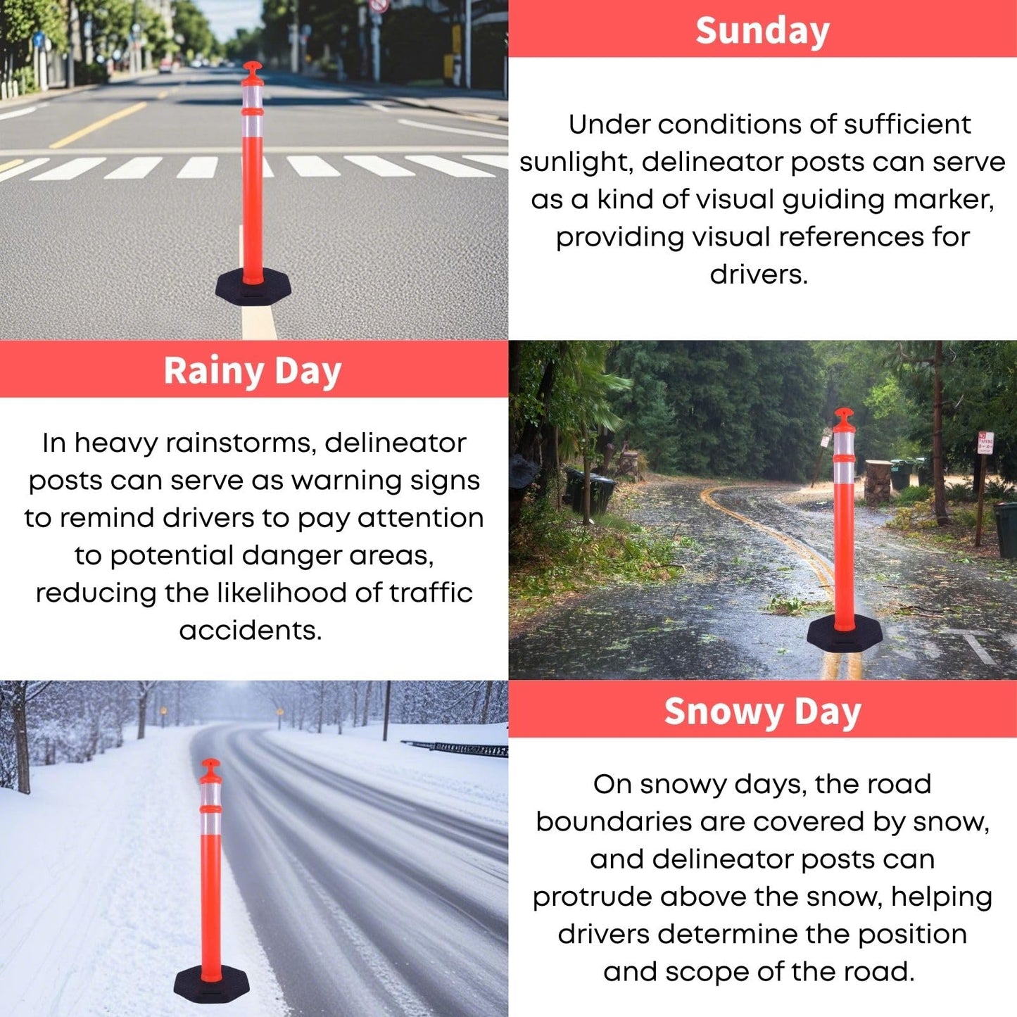 OranclUS Reflective Rubber Base Traffic Delineator Post - Heavy-Duty Safety Bollards for Parking Lot Markers, Road Construction, Driveway Warning - with Reflective Strips (6 Pack - 42 Inch)