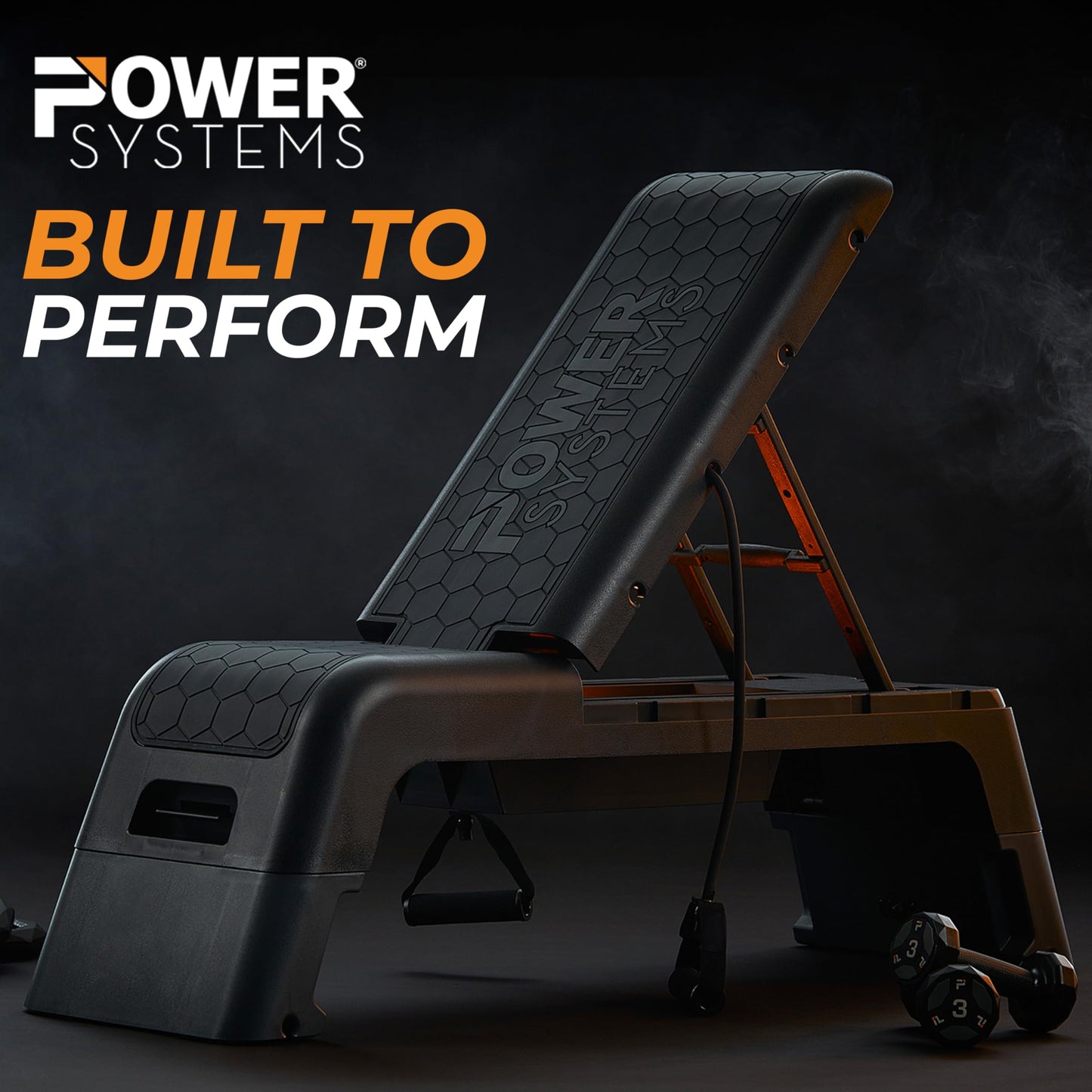 Power Systems Step Bench & Weight Bench | Aerobic Platform & Plyo Box for Cardio, Strength | Commercial Grade Full Body Home Gym Stepper | Adjustable Multifunctional Deck & Resistance Band Clips
