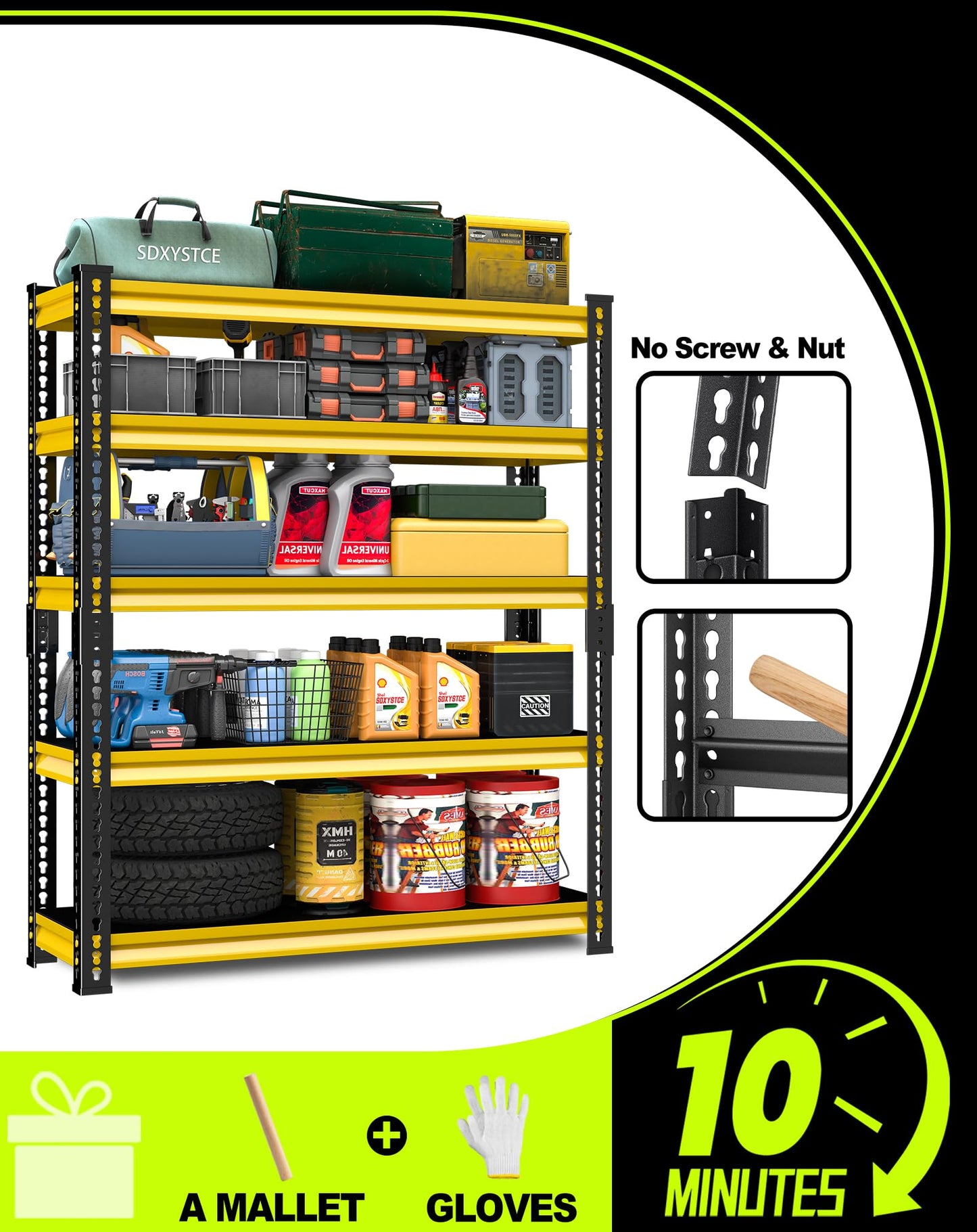 SDXYSTCE Garage Shelving Heavy Duty 2500LBS Loads, 48" W Adjustable Garage Storage Shelves, 5-Tier Metal Shelving Units and Storage, Industrial Utility Shelf, 48" Wx18 Dx78 H,Yellow