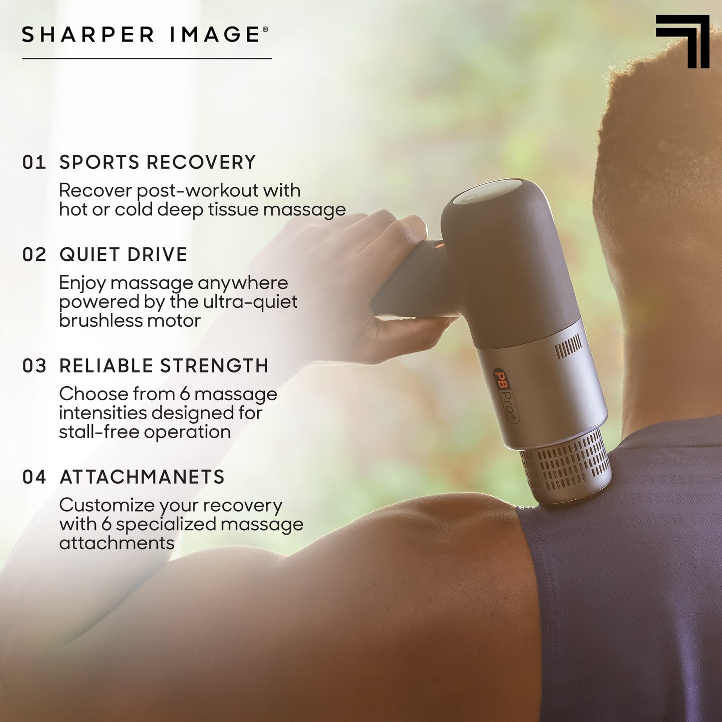 Sharper Image Deep Tissue Percussion Massage Gun, Powerboost Pro+ Hot & Cold Rechargeable Handheld Massager, 6 Adjustable Speeds, 6 Attachment Heads & Carrying Case, Muscle Pain Relief, Black