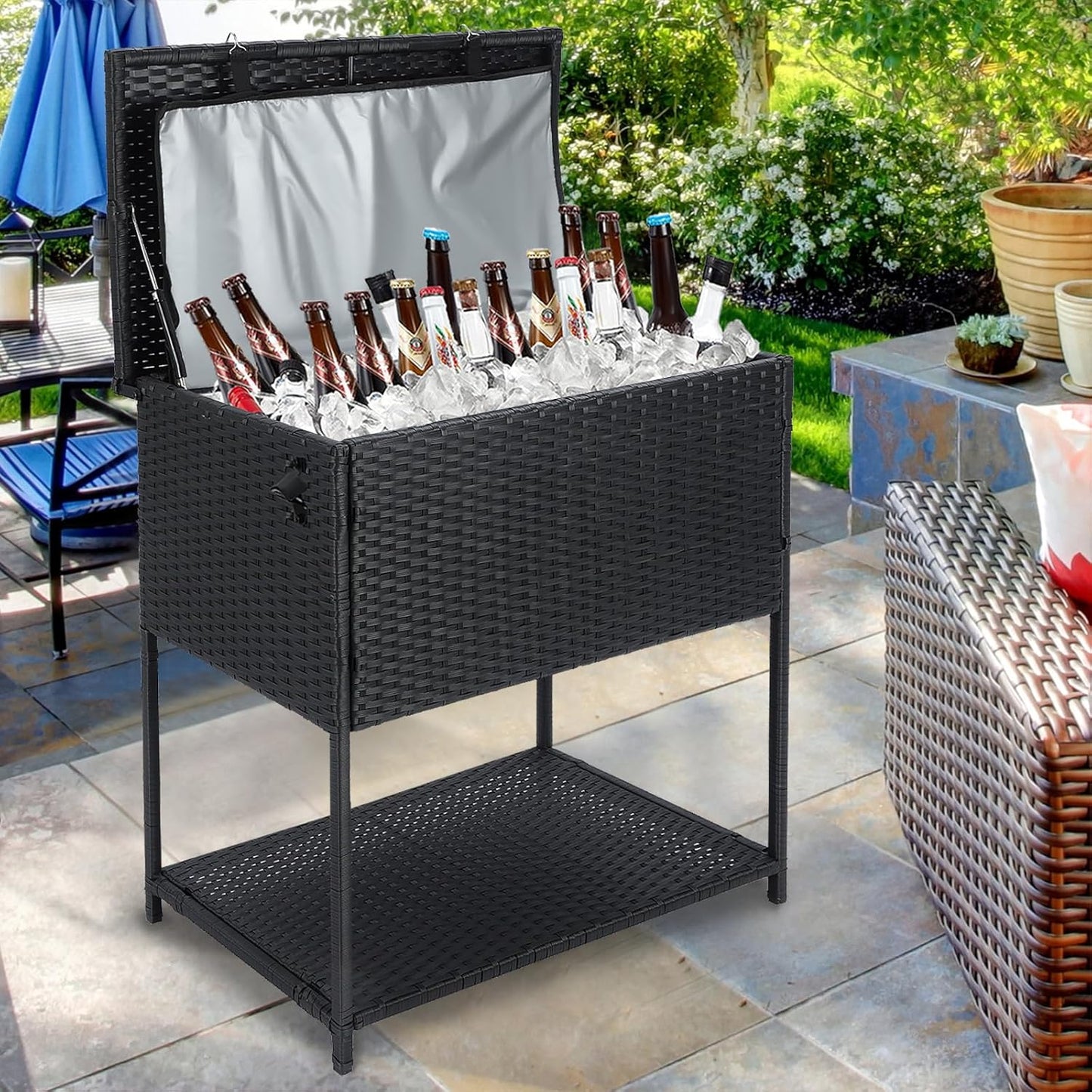 Skiennix 80 Quart Ice Chest Cooler Cart - Outdoor Beverage Stand with Bottle Opener for Parties & Patios