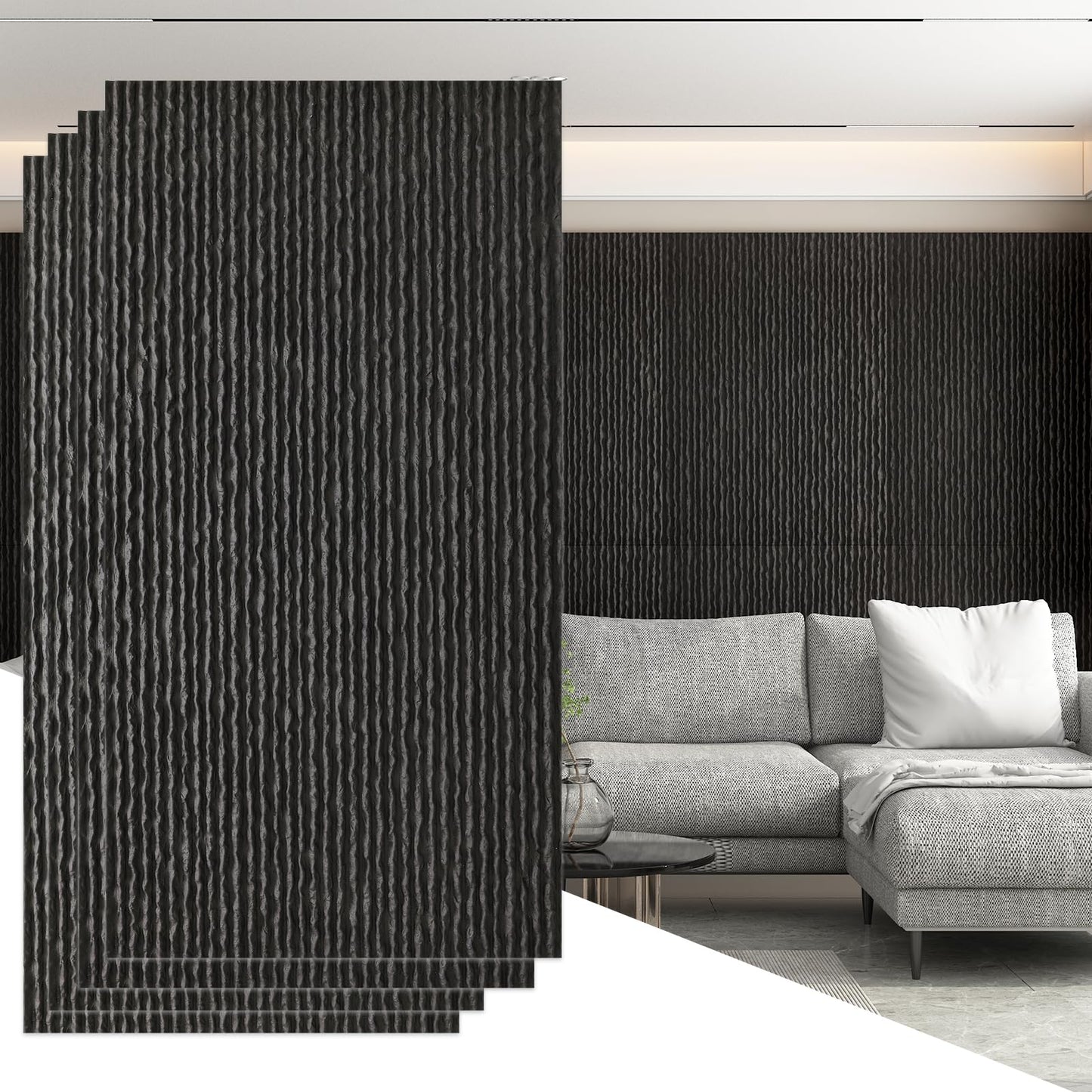 OUZUGIE 4 PCS Faux Stone Wall Panel 47.2’’ x 23.6’’ Interior Exterior Wall Decor 3D PU Panel with Flowing Water Design Black